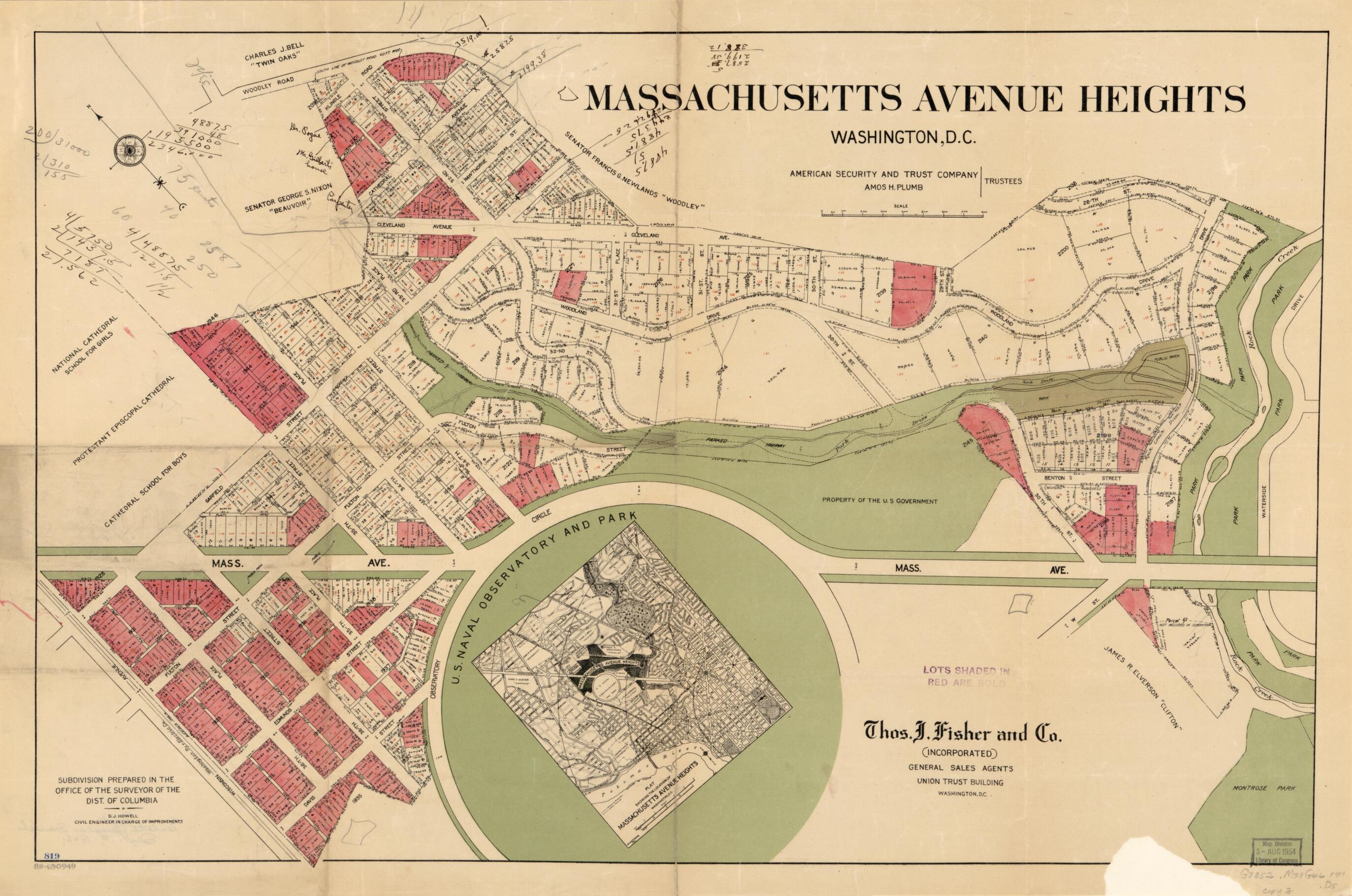 This old map of Massachusetts Avenue Heights, Washington, D.C from 1911 was created by  American Security and Trust Company,  District of Columbia. Office of the Surveyor, D. J. Howell, Amos H. Plumb,  Thos. J. Fisher and Co in 1911