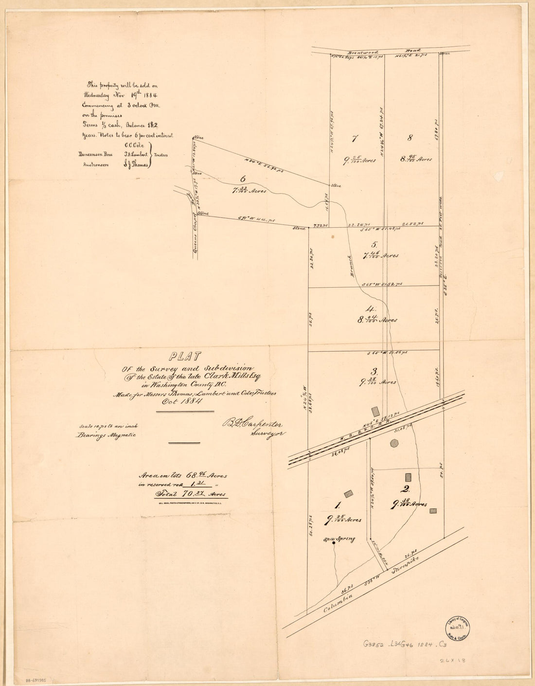 This old map of Plat of the Survey and Subdivision of the Estate of the Late Clark Mills Esq. In Washington County D.C. : Made for Messers. sic Thomas, Lambert, and Cole, Trustees, Oct. from 1884 : part of Langdon and Woodridge, N.E. Washi was created by