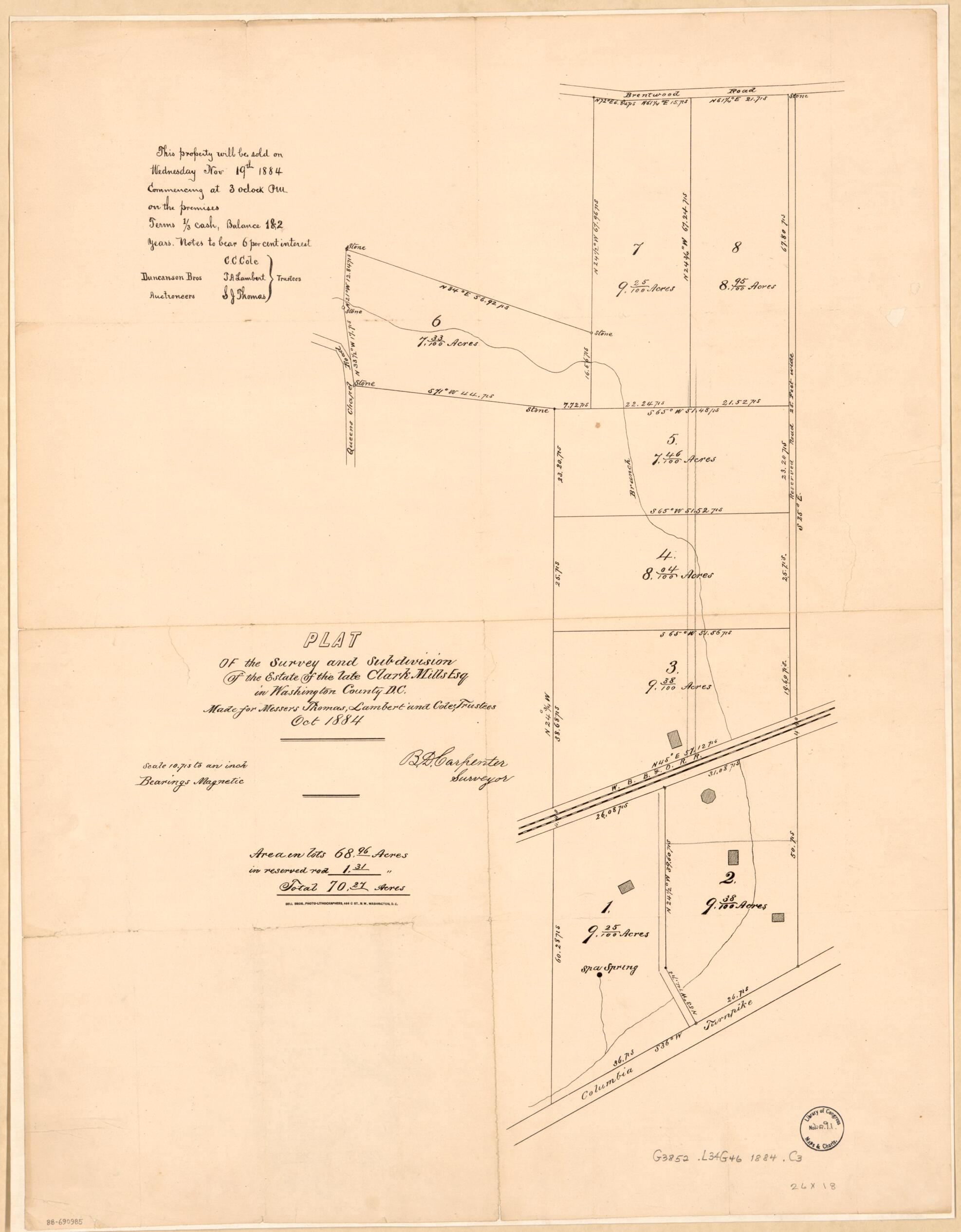 This old map of Plat of the Survey and Subdivision of the Estate of the Late Clark Mills Esq. In Washington County D.C. : Made for Messers. sic Thomas, Lambert, and Cole, Trustees, Oct. from 1884 : part of Langdon and Woodridge, N.E. Washi was created by