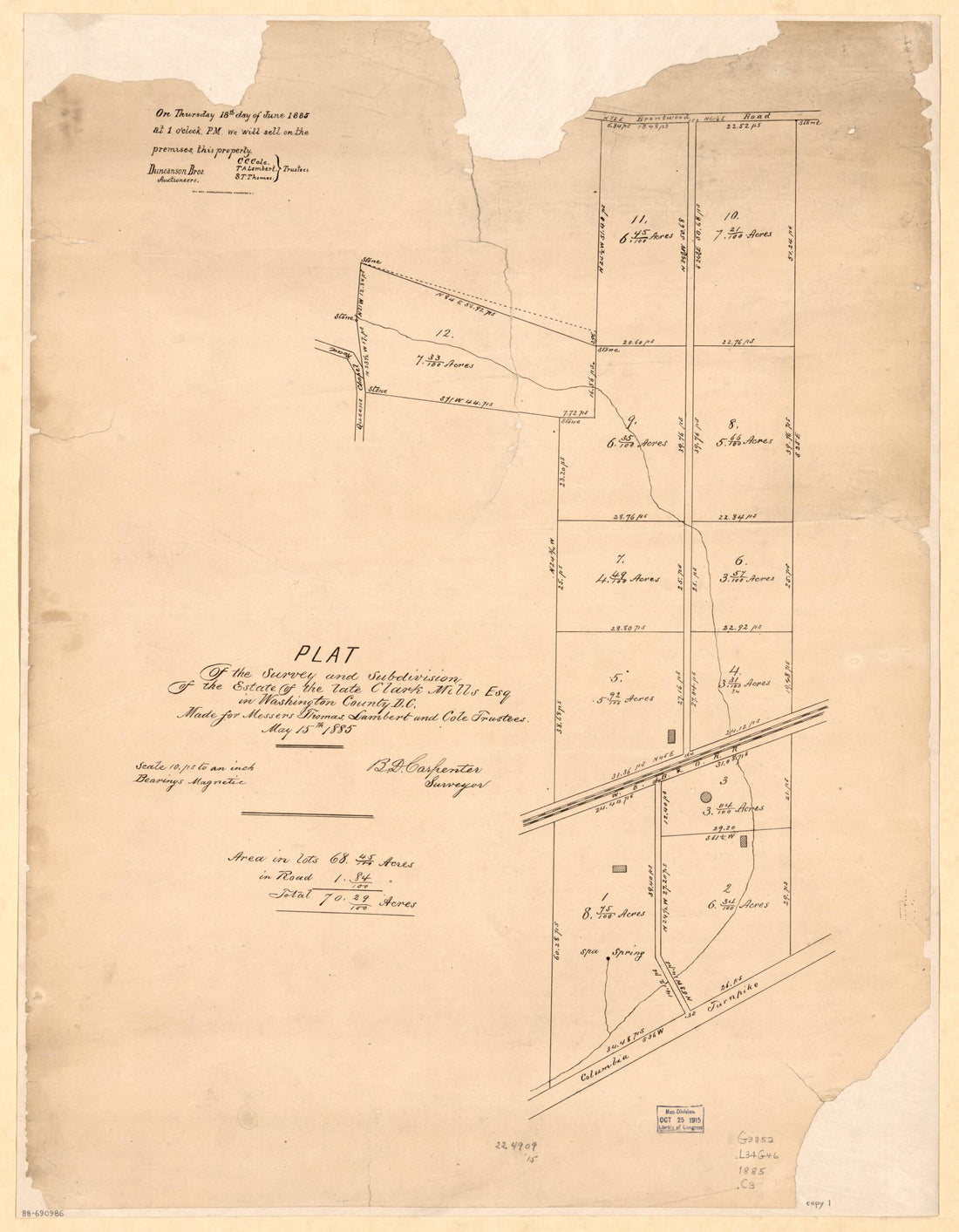 This old map of Plat of the Survey and Subdivision of the Estate of the Late Clark Mills Esq. In Washington County D.C. : Made for Messers. sic Thomas, Lambert, and Cole, Trustees, May 15th from 1885 : part of Langdon and Woodridge, N.E. Washi was create