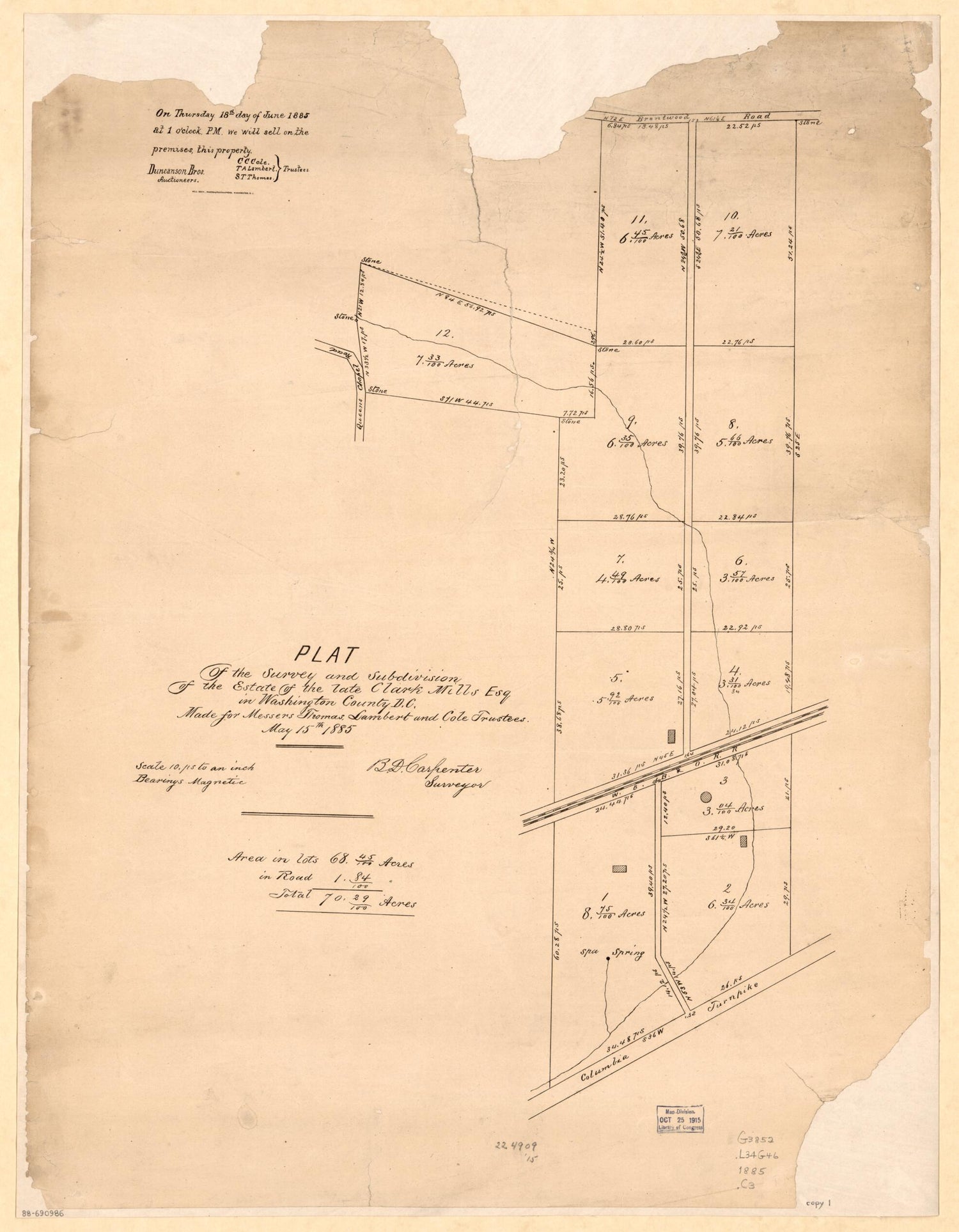 This old map of Plat of the Survey and Subdivision of the Estate of the Late Clark Mills Esq. In Washington County D.C. : Made for Messers. sic Thomas, Lambert, and Cole, Trustees, May 15th from 1885 : part of Langdon and Woodridge, N.E. Washi was create