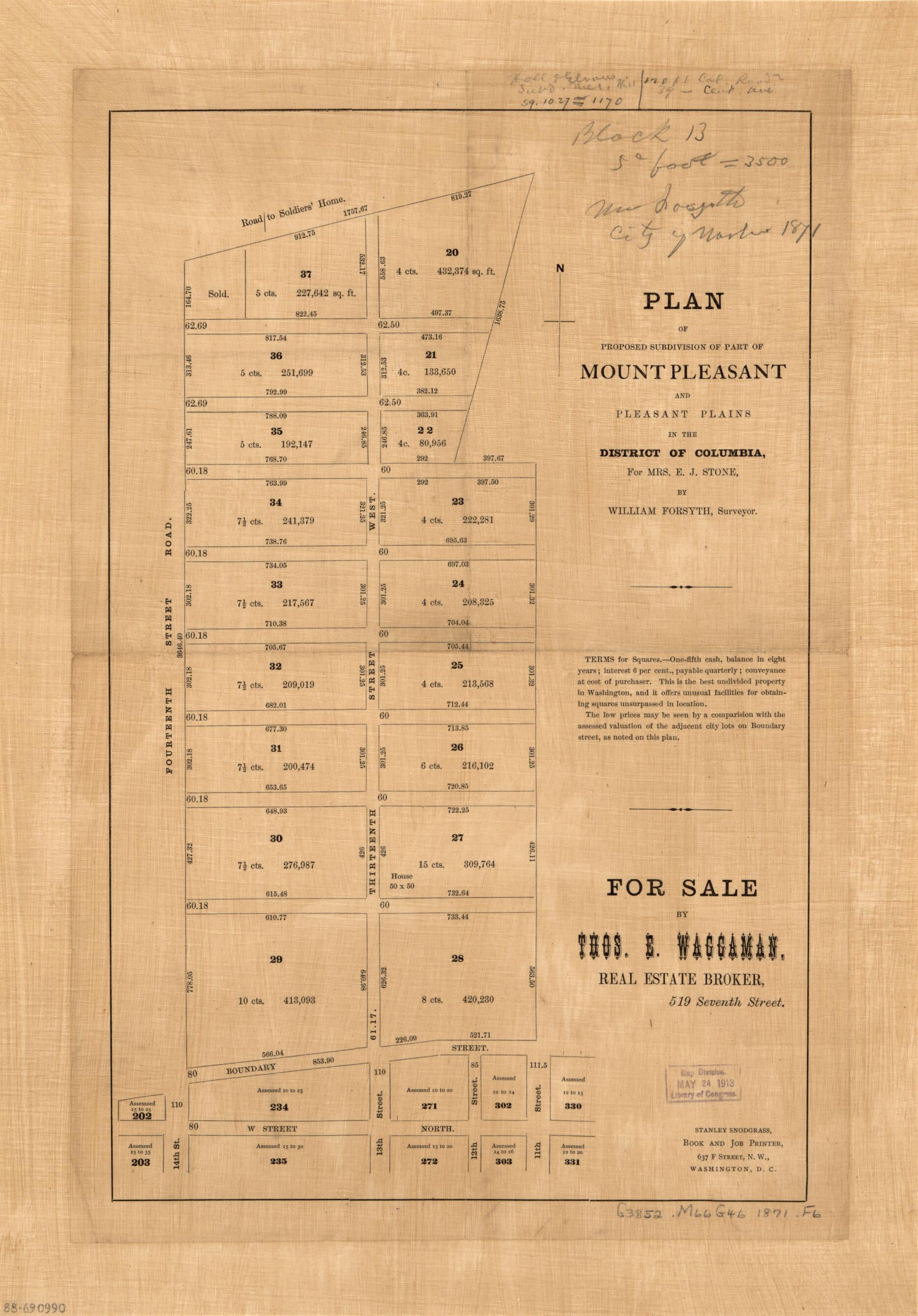 This old map of Plan of Proposed Subdivision of Part of Mount Pleasant and Pleasant Plains In the District of Columbia : for Mrs. E.J. Stone from 1871 was created by William Forsyth, Thos. E. (Thomas E.) Waggaman in 1871