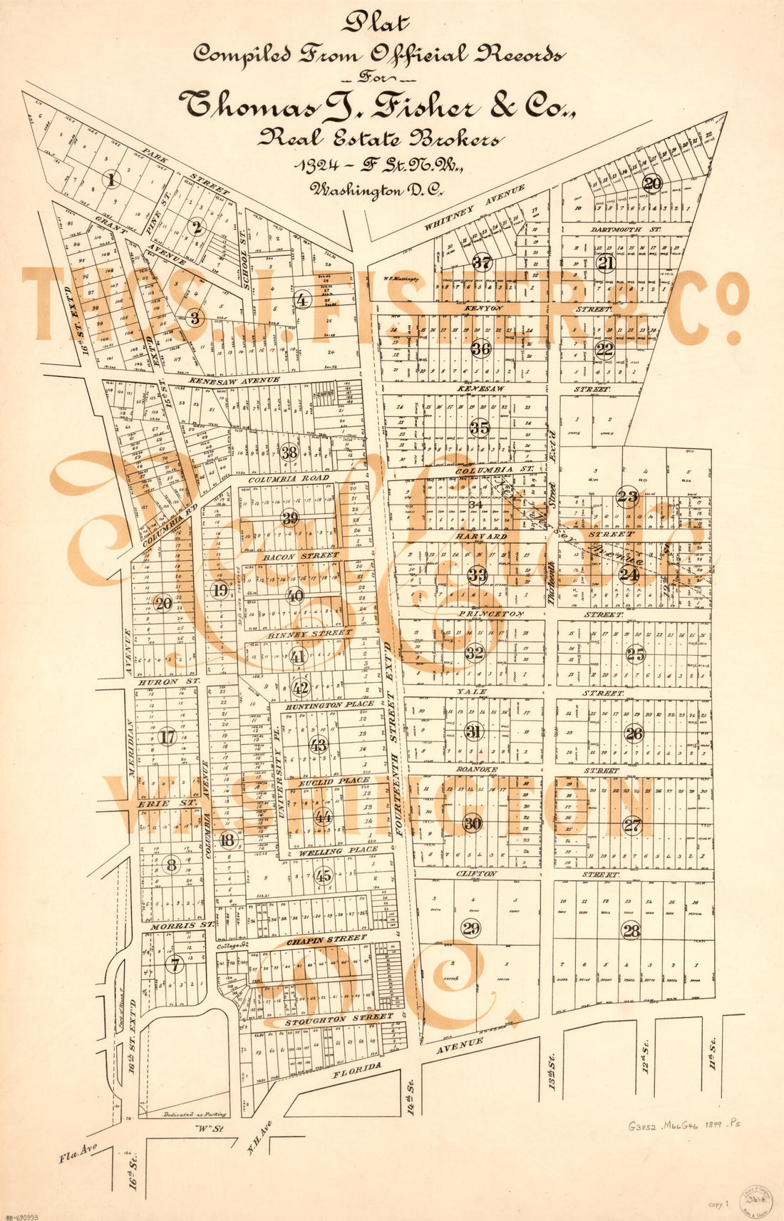 This old map of -F St. N.W., Washington D.C. : parts of Mount Pleasant, Meridian Hill, and Columbia Heights, Washington D.C. from 1899 was created by  Thos. J. Fisher and Co in 1899