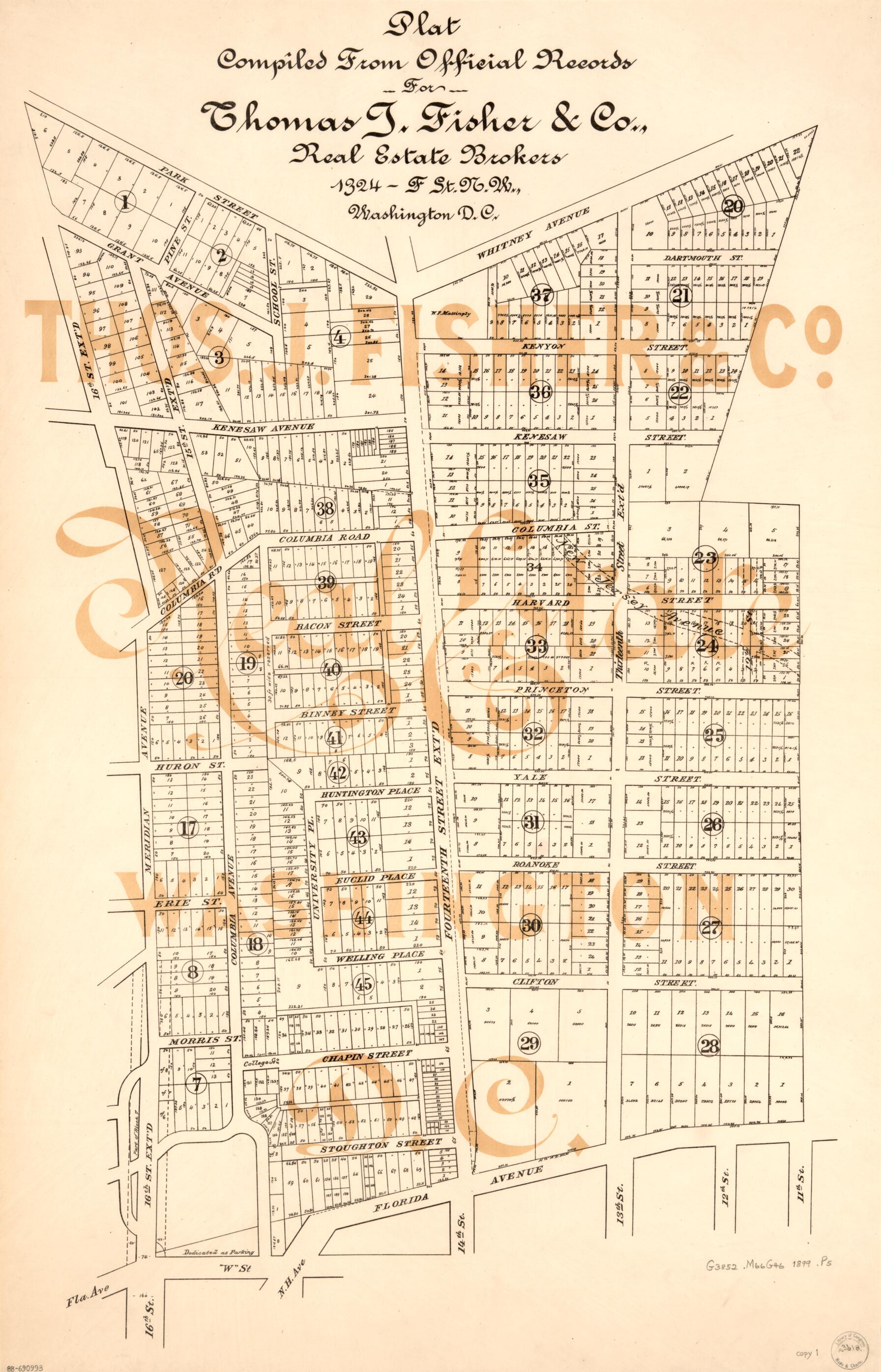 This old map of -F St. N.W., Washington D.C. : parts of Mount Pleasant, Meridian Hill, and Columbia Heights, Washington D.C. from 1899 was created by  Thos. J. Fisher and Co in 1899