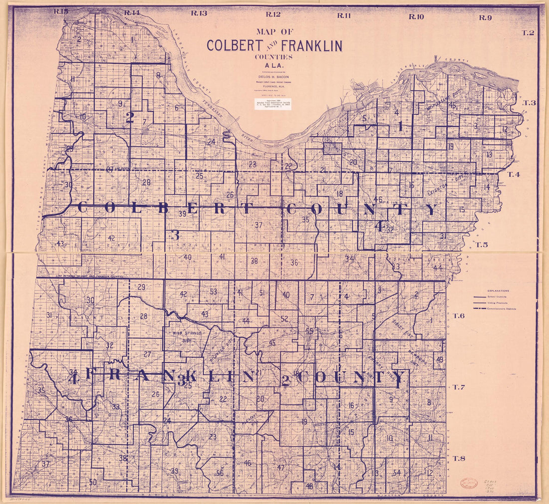 This old map of Map of Colbert and Franklin Counties,Alabama from 1908 was created by Delos H. Bacon in 1908