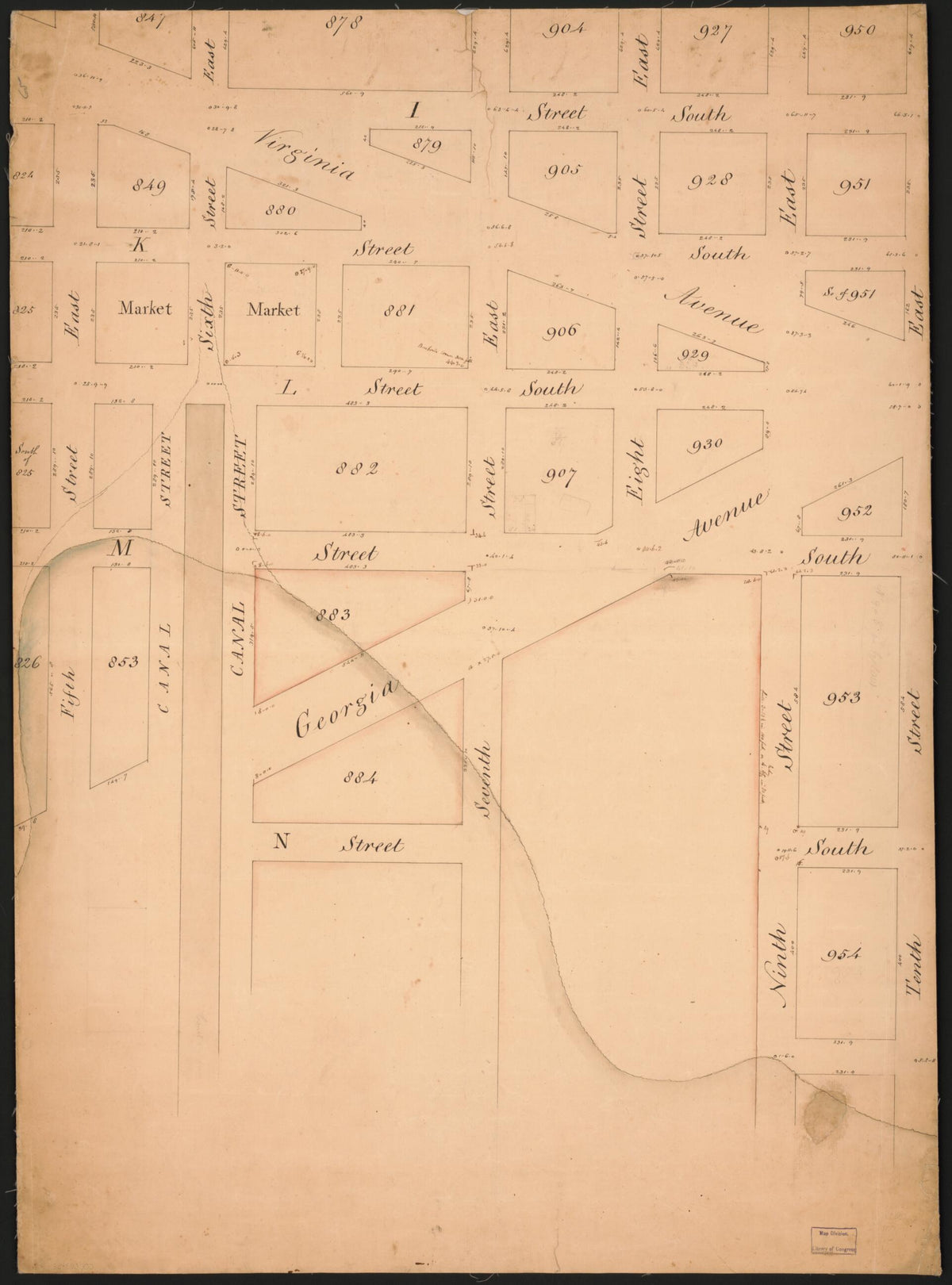 Map of Part of S.E. Washington D.C. Now Occupied by the Navy Yard and Adjacent Squares 1790 by Relic Map Company