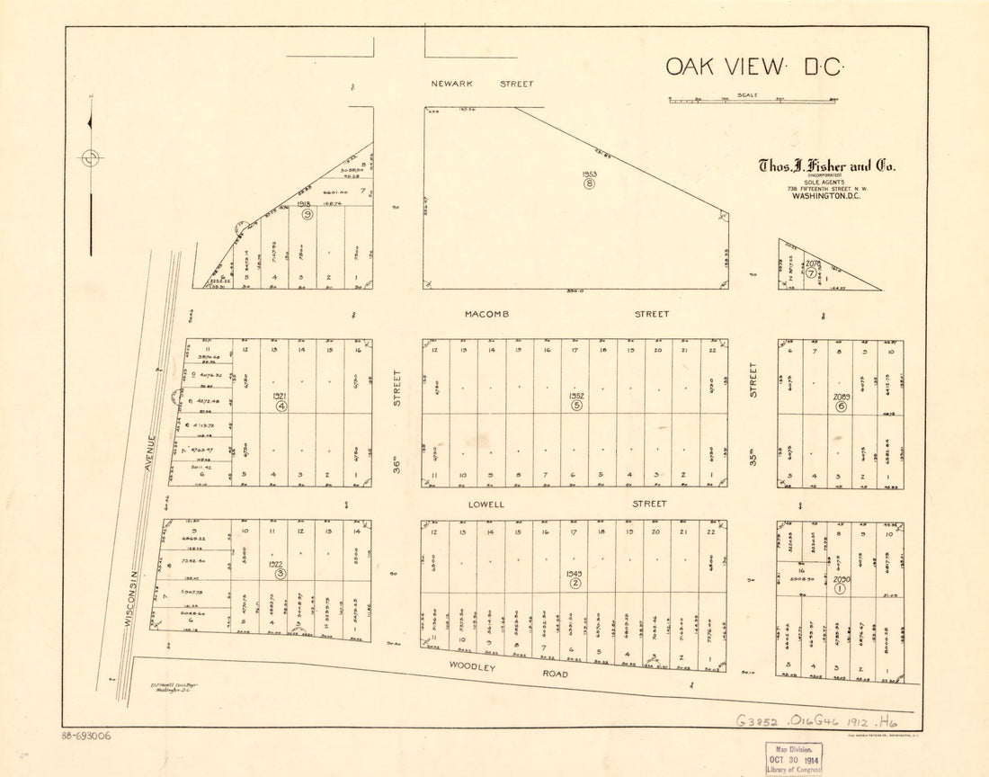 This old map of Oak View D.C from 1912 was created by D. J. Howell,  Thos. J. Fisher and Co in 1912