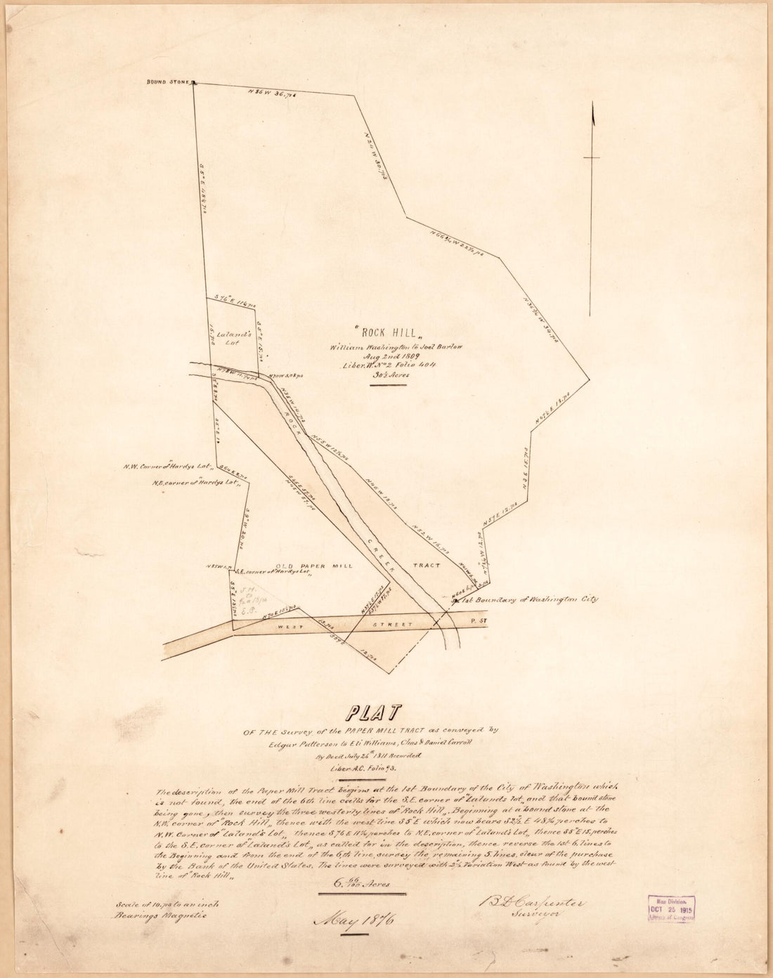 This old map of Plat of the Survey of the Paper Mill Tract : As Conveyed by Edgar Patterson to Eli Williams, Chas. &amp; Daniel Carroll, by Deed, July 26th 1811 : Recorded Liber A.C. Folio 93 from 1876 was created by B. D. (Benjamin D.) Carpenter in 1876