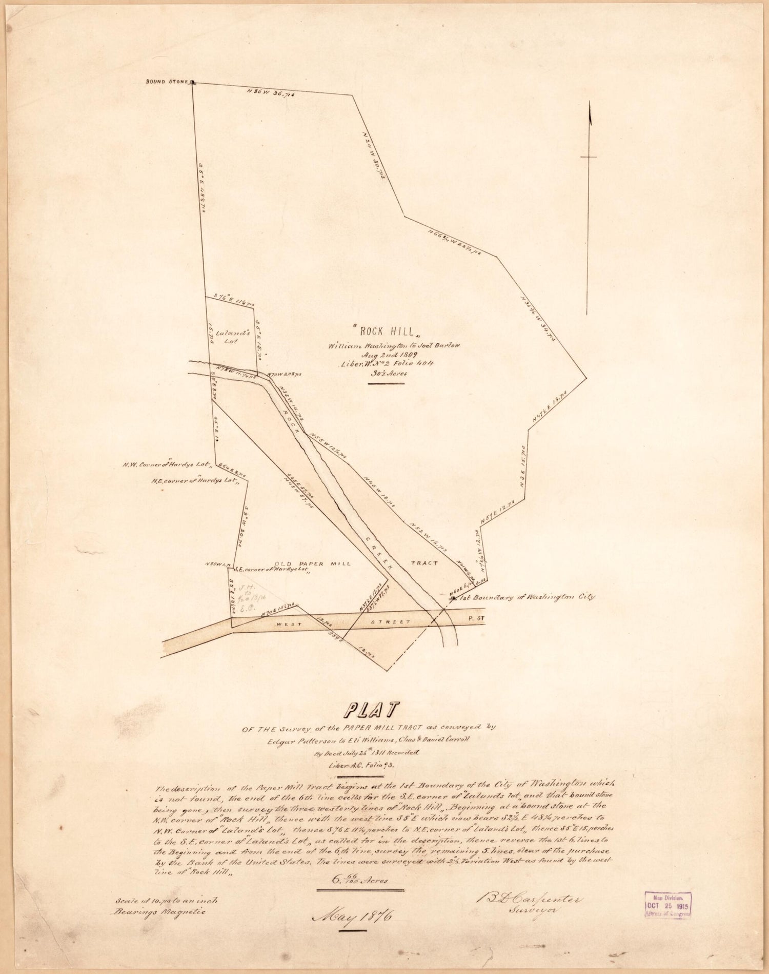 This old map of Plat of the Survey of the Paper Mill Tract : As Conveyed by Edgar Patterson to Eli Williams, Chas. &amp; Daniel Carroll, by Deed, July 26th 1811 : Recorded Liber A.C. Folio 93 from 1876 was created by B. D. (Benjamin D.) Carpenter in 1876