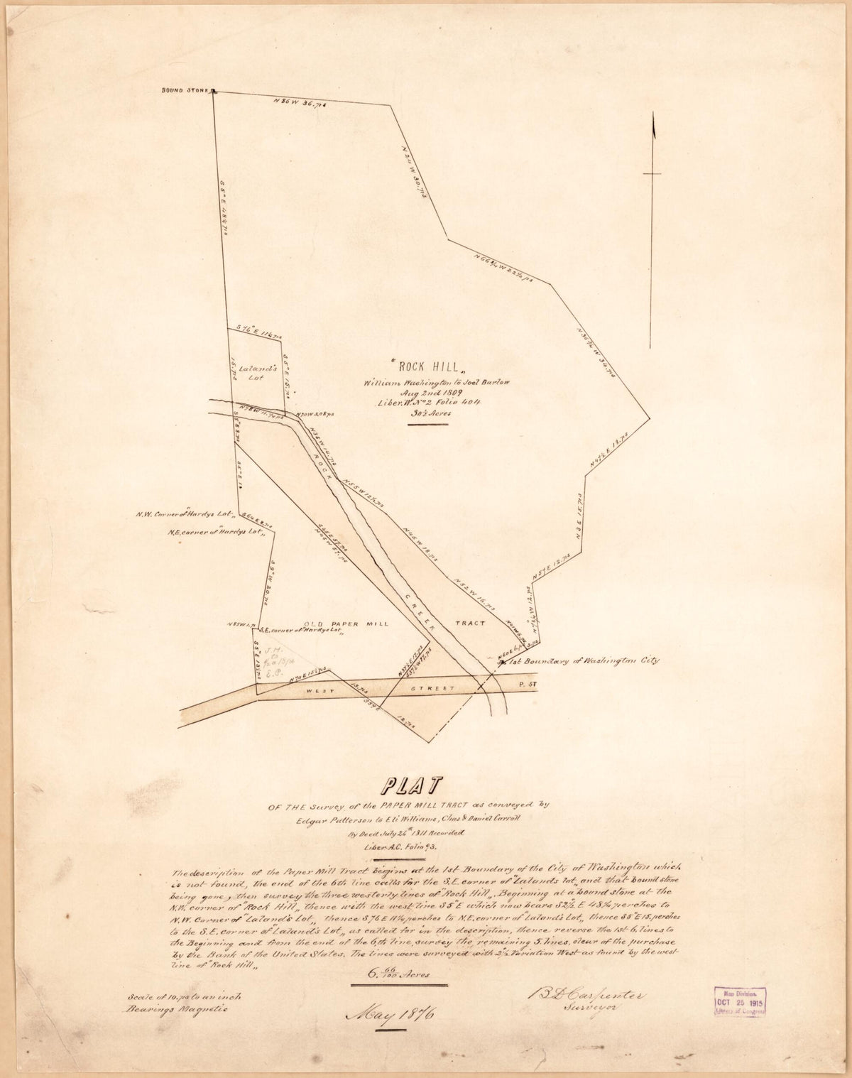 Plat of the Survey of the Paper Mill Tract : As Conveyed by Edgar Patterson to Eli Williams, Chas. &amp; Daniel Carroll, by Deed, July 26th 1811 : Recorded Liber A.C. Folio 93 1876 by Relic Map Company