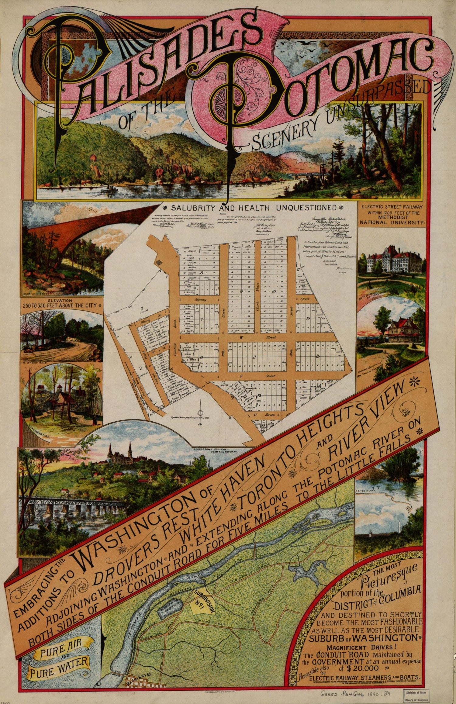 This old map of Palisades of the Potomac, Scenery Unsurpassed : Embracing the Additions to Washington of Drovers Rest, White Haven, Toronto Heights, and River View, Adjoining Washington and Extending Along the Potomac River On Both Sides of the Conduit R