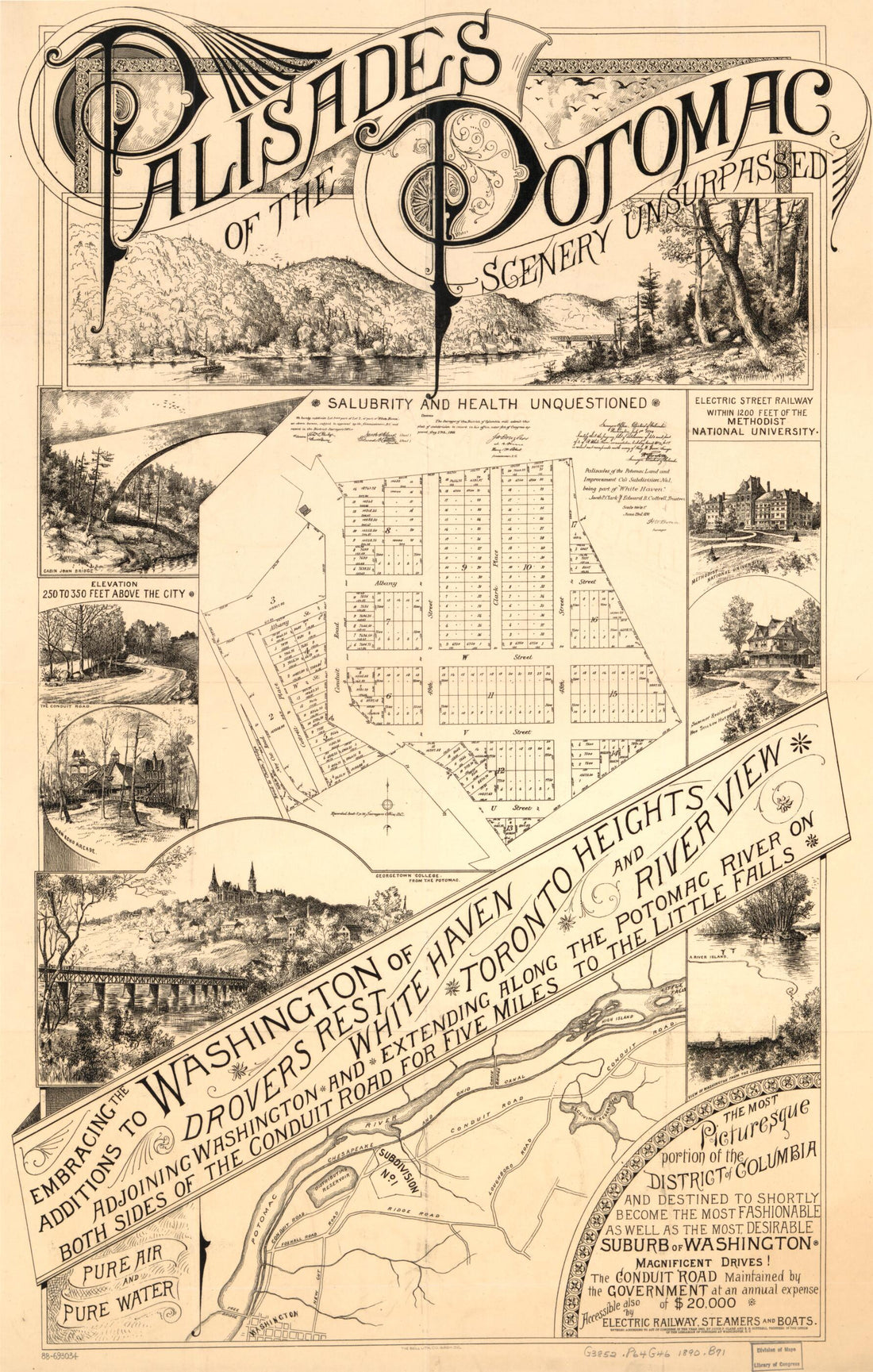 This old map of Palisades of the Potomac, Scenery Unsurpassed : Embracing the Additions to Washington of Drovers Rest, White Haven, Toronto Heights, and River View, Adjoining Washington and Extending Along the Potomac River On Both Sides of the Conduit R