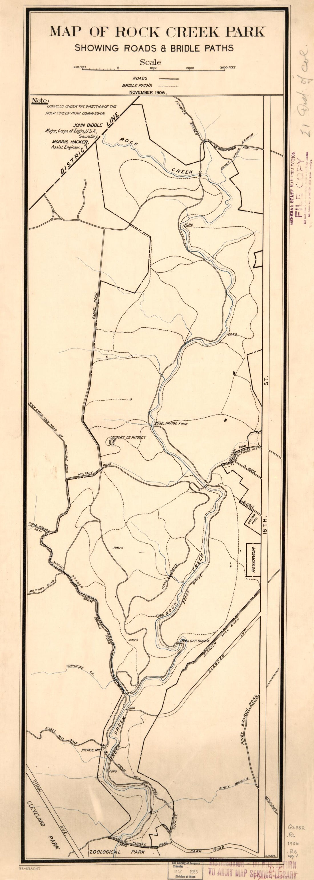 This old map of Map of Rock Creek Park Showing Roads &amp; Bridle Paths : Washington D.C. from 1906 was created by John Biddle, Morris Hacker,  Rock Creek Park Commission in 1906