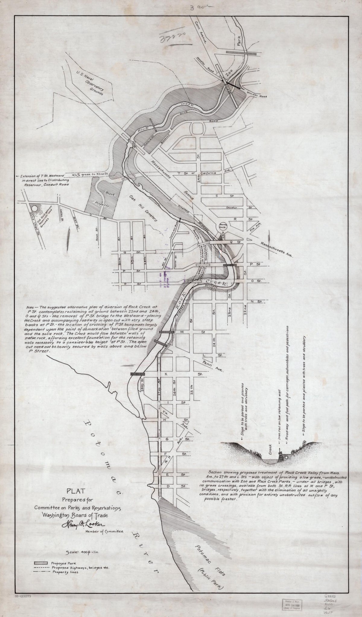 Plat Prepared for Committee On Parks and Reservations, Washington Board of Trade : Rock Creek and Potomac Parkway, Washington D.C. in 1900 by Relic Map Company