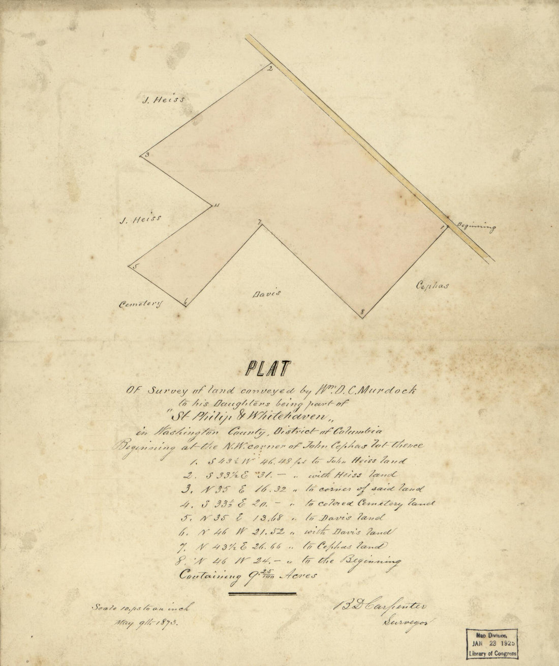 This old map of Plat of Survey of Land Conveyed by Wm. D.C. Murdock to His Daughters Being Part of St. Philip &amp; Whitehaven In Washington County, District of Columbia from 1873 was created by B. D. (Benjamin D.) Carpenter, Wm. D. C. (William D. C.) Murdoc