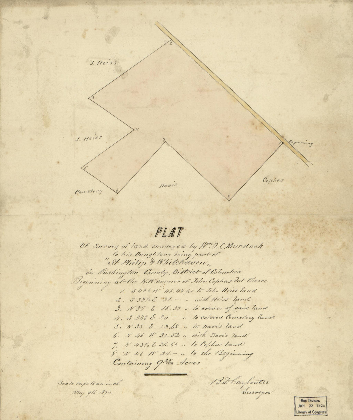 Plat of Survey of Land Conveyed by Wm. D.C. Murdock to His Daughters Being Part of St. Philip &amp; Whitehaven In Washington County, District of Columbia 1873 by Relic Map Company