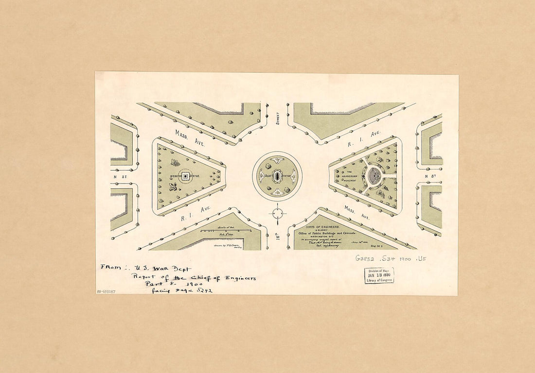 This old map of Map of Scott Circle N.W., Washington D.C., and Adjacent Parklands from 1900 was created by Theo. A. (Theodore Alfred) Bingham, F. D. Owen,  United States. Office of Public Buildings and Grounds,  United States. War Department in 1900