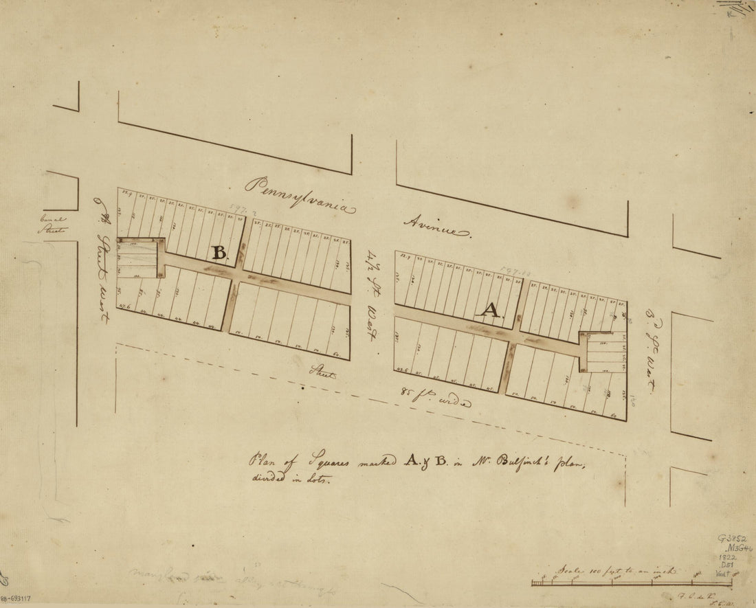 This old map of Plan of Squares Marked A. &amp; B. In Mr. Bulfinch&