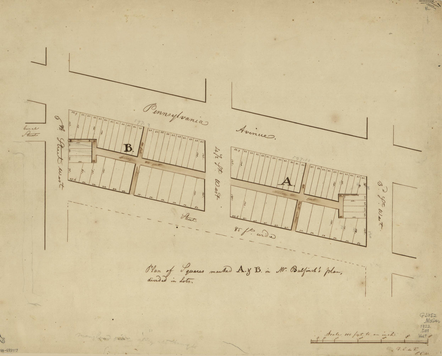 This old map of Plan of Squares Marked A. &amp; B. In Mr. Bulfinch&