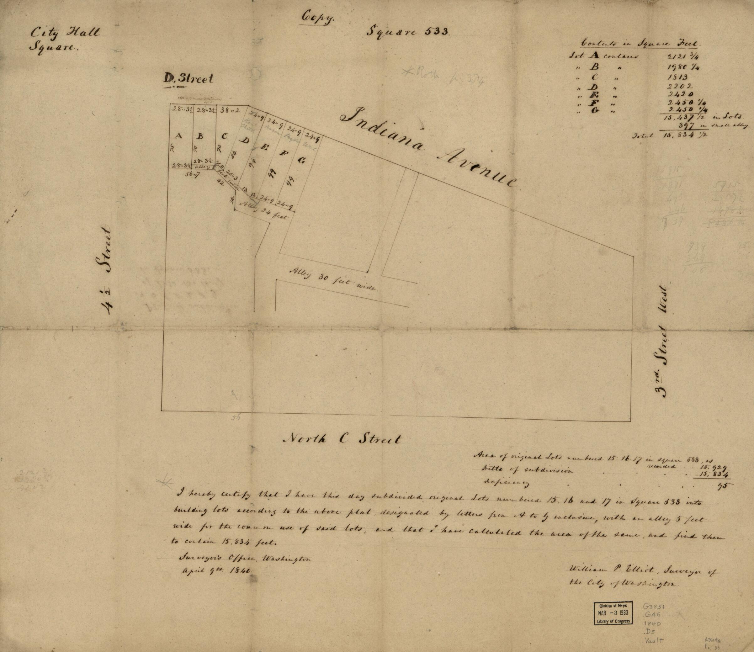 This old map of Copy, Square 533 : Washington D.C. from 1840 was created by  District of Columbia. Office of the Surveyor, William P. Elliot in 1840