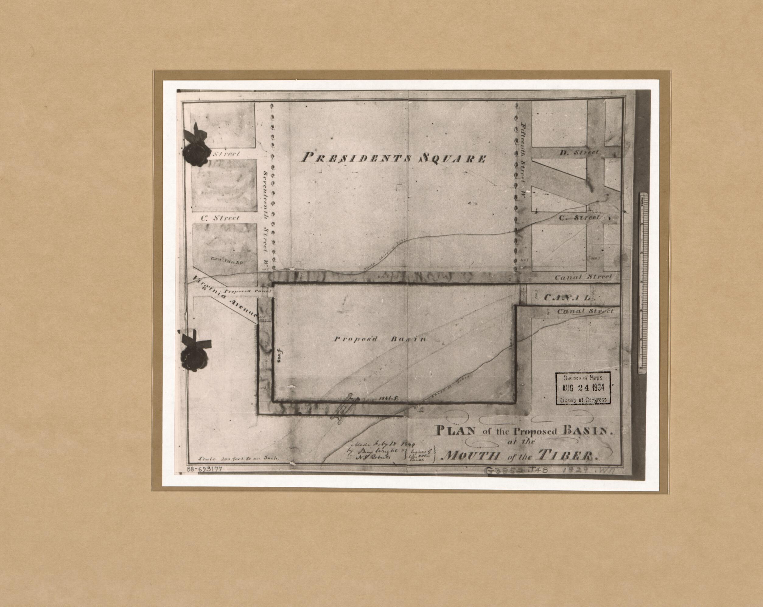 This old map of Plan of the Proposed Basin at the Mouth of the Tiber : Washington D.C. from 1829 was created by N. S. (Nathan Smith) Roberts, Benjamin Wright in 1829