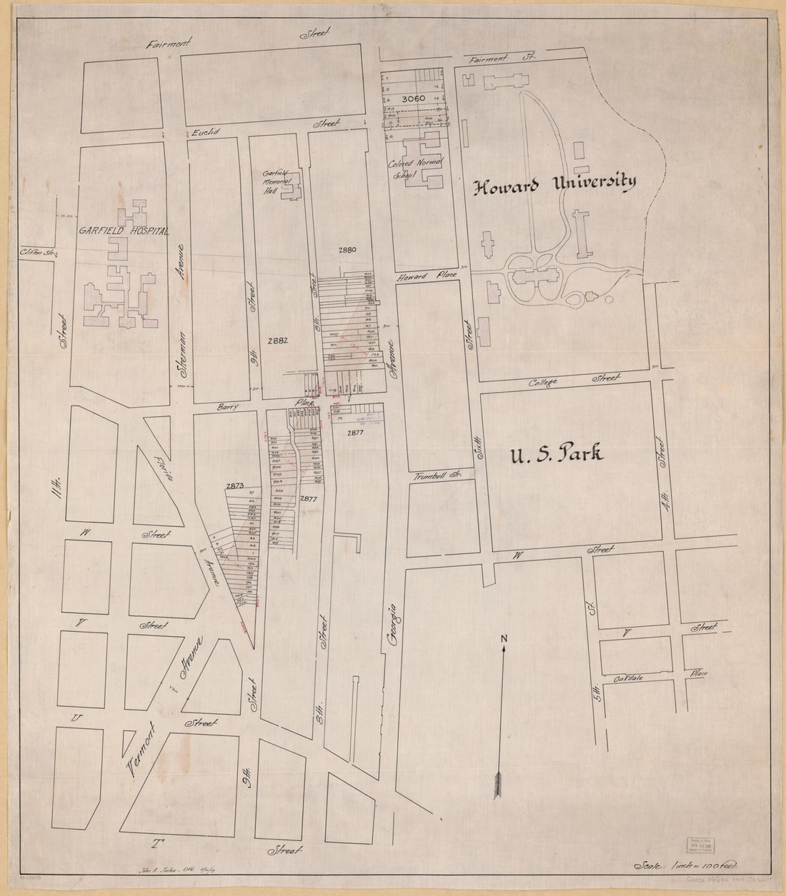 This old map of Map of Proposed Extension of Vermont Avenue N.W. Between Florida and Georgia Avenues As Desired by the Trustees of Howard University, Washington D.C. from 1919 was created by John A. Jarboe in 1919