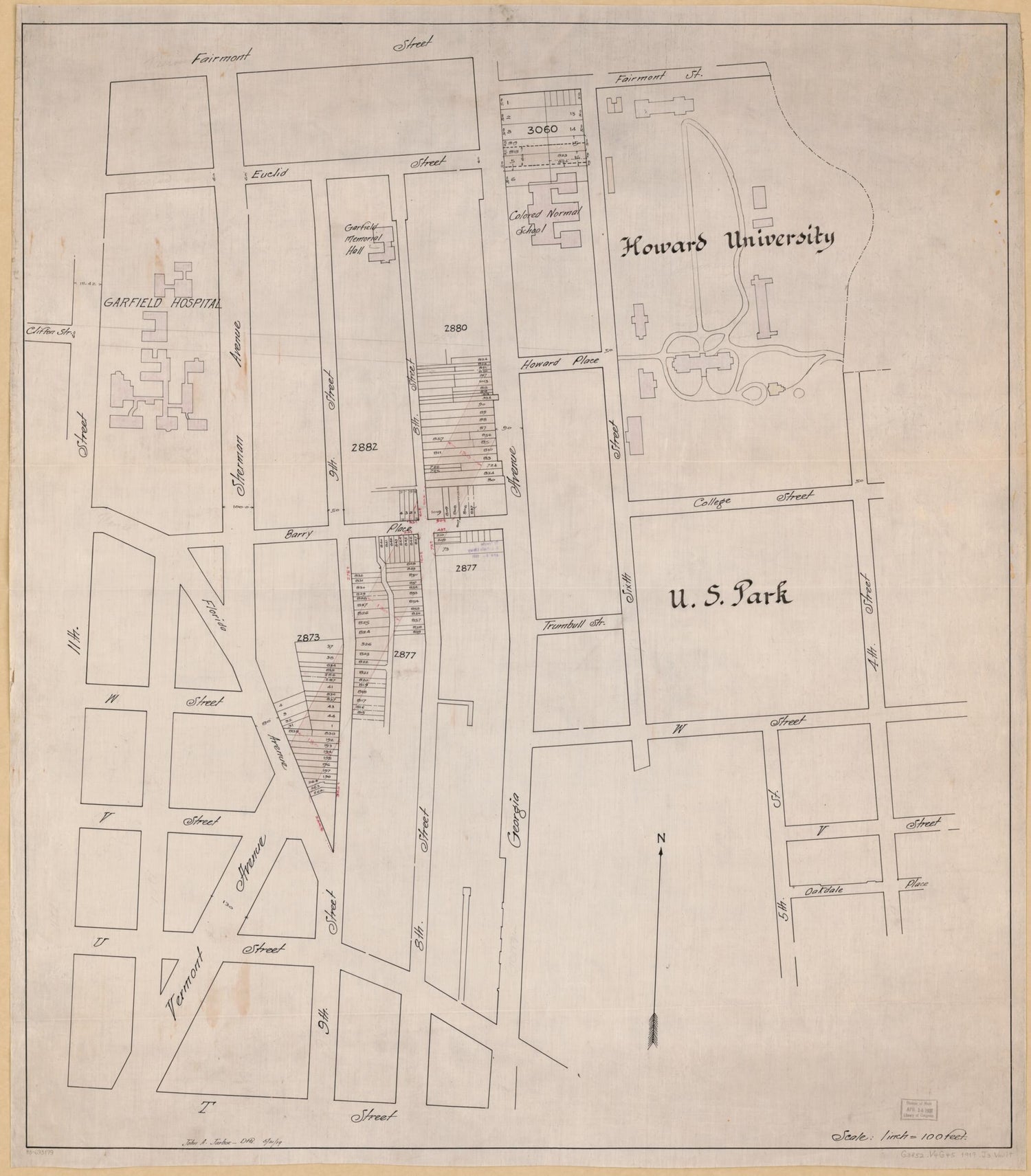 This old map of Map of Proposed Extension of Vermont Avenue N.W. Between Florida and Georgia Avenues As Desired by the Trustees of Howard University, Washington D.C. from 1919 was created by John A. Jarboe in 1919