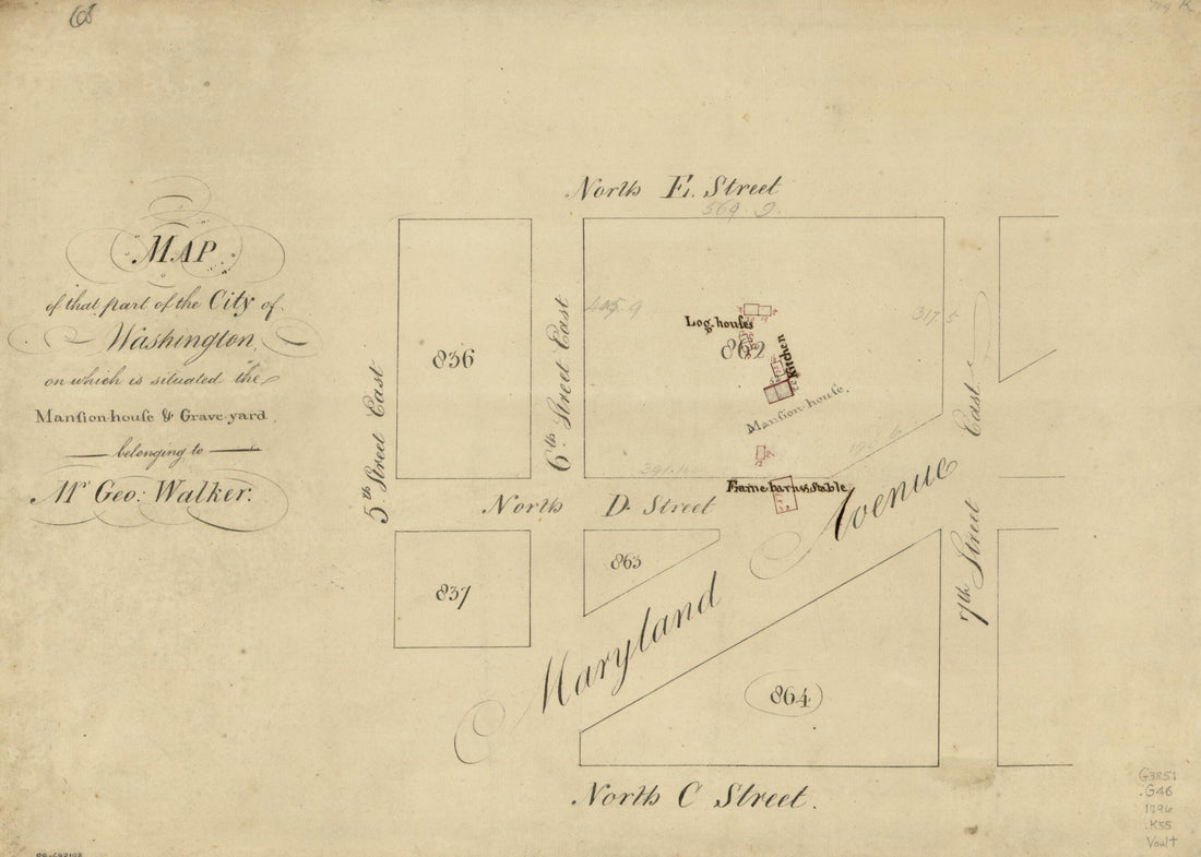 This old map of House &amp; Grave-yard Belonging to Mr. Geo. Walker from 1796 was created by N. (Nicholas) King in 1796