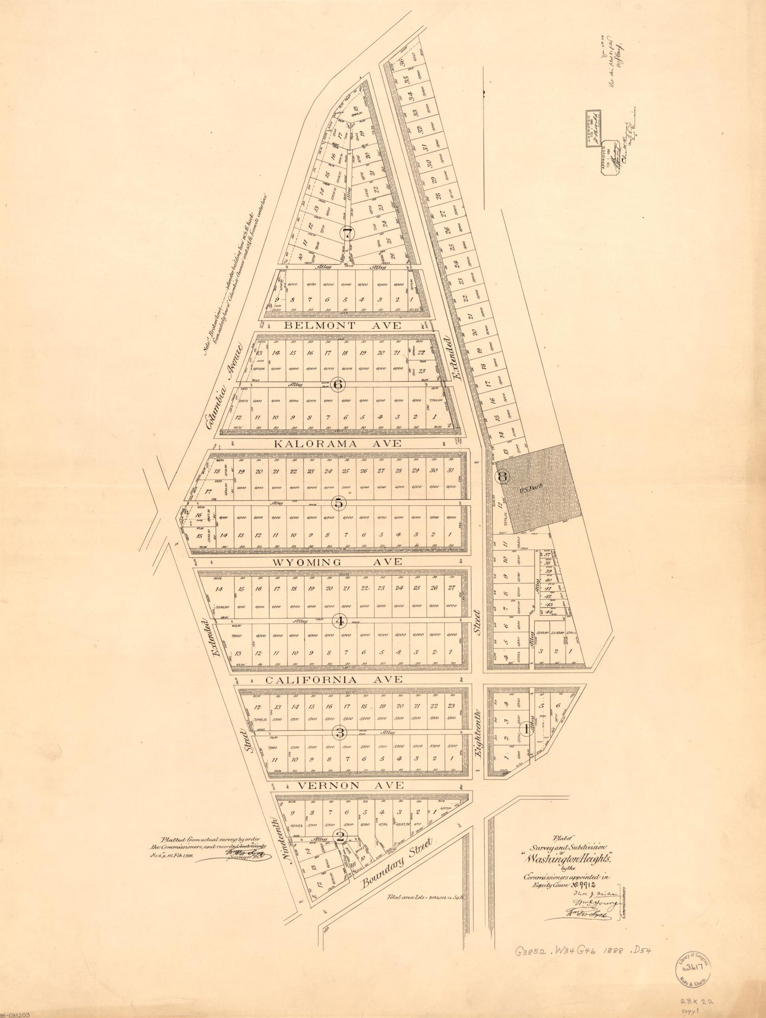 This old map of Plat of Survey and Subdivision of Washington Heights : by the Commissioners Appointed In Equity Cause No. 9912 from 1888 was created by  District of Columbia. Board of Commissioners,  District of Columbia. Office of the Surveyor, William 