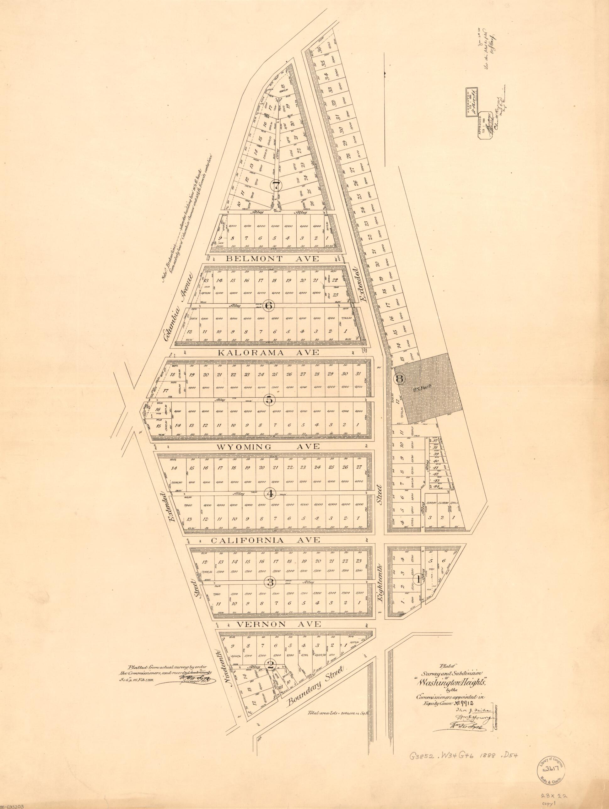 This old map of Plat of Survey and Subdivision of Washington Heights : by the Commissioners Appointed In Equity Cause No. 9912 from 1888 was created by  District of Columbia. Board of Commissioners,  District of Columbia. Office of the Surveyor, William 