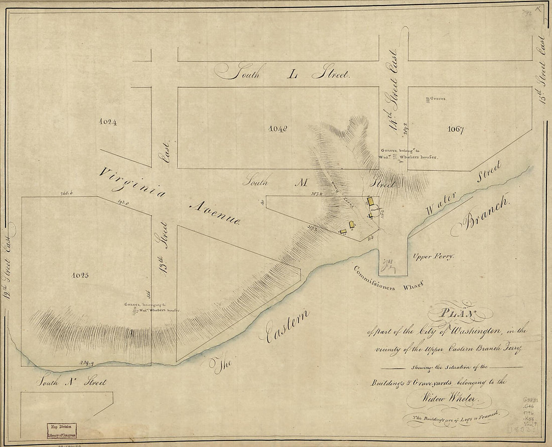 This old map of Yards Belonging to the Widow Wheler from 1796 was created by N. (Nicholas) King in 1796