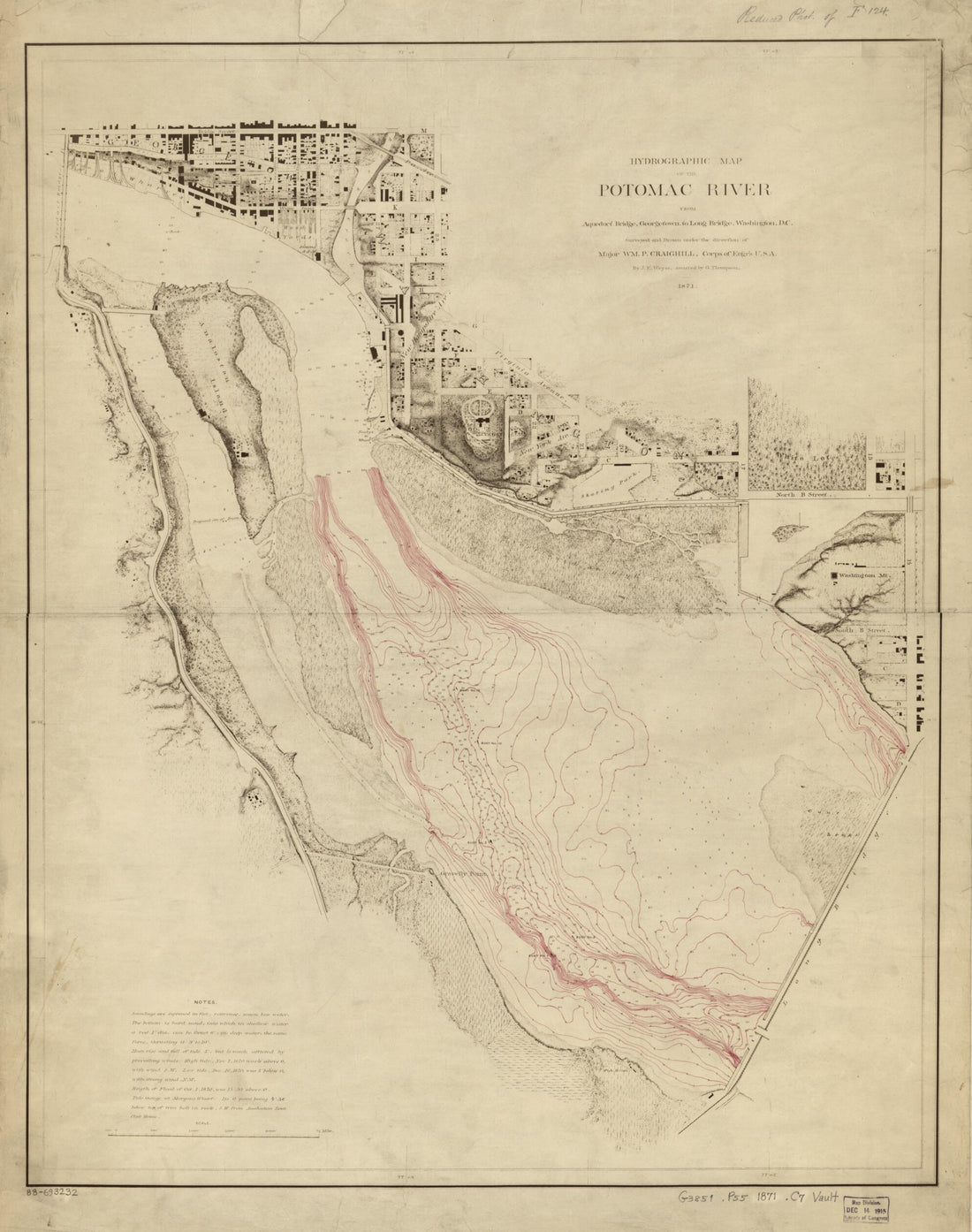 This old map of Hydrographic Map of the Potomac River from Aqueduct Bridge, Georgetown, to Long Bridge, Washington, D.C from 1871 was created by Wm. P. (William Price) Craighill, G. (Gilbert) Thompson,  United States. Army. Corps of Engineers, J. E. Weys