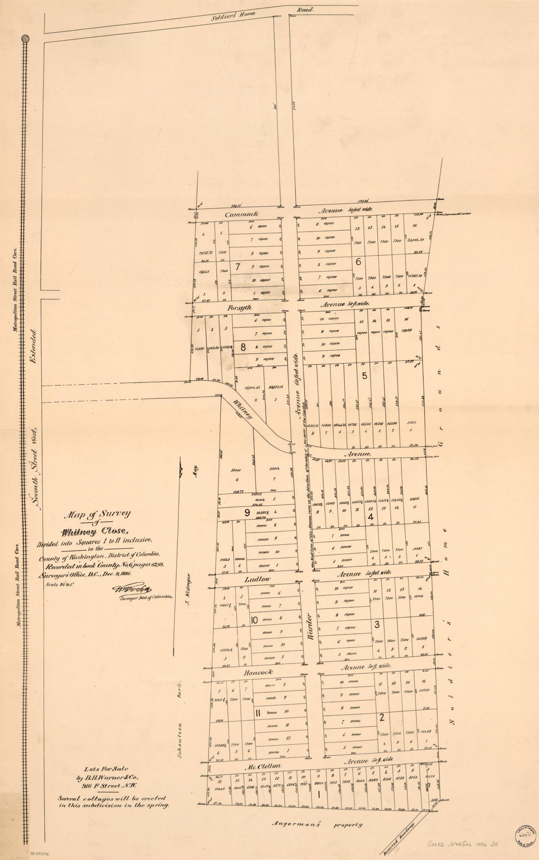 This old map of Map of Survey of Whitney Close, Divided Into Squares 1 to 11 Inclusive, In the County of Washington, District of Columbia : Recorded In Book County No. 6, Pages 62, 63, Surveyor&