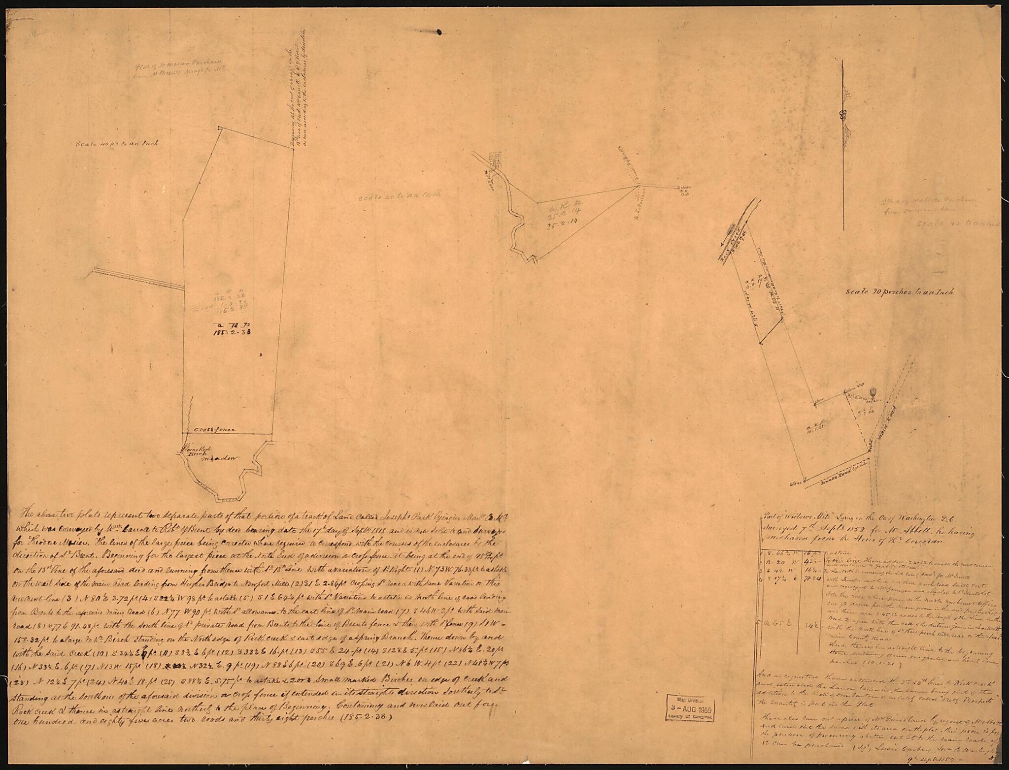 This old map of Part of Widows Mite Lying In the County of Washington D.C. ; the Above 2 Plats Represent Two Separate Parts of That Portion of a Tract of Land Called Josephs Park, Lying In Montg. County Md from 1852 was created by Lewis Carbery in 1852