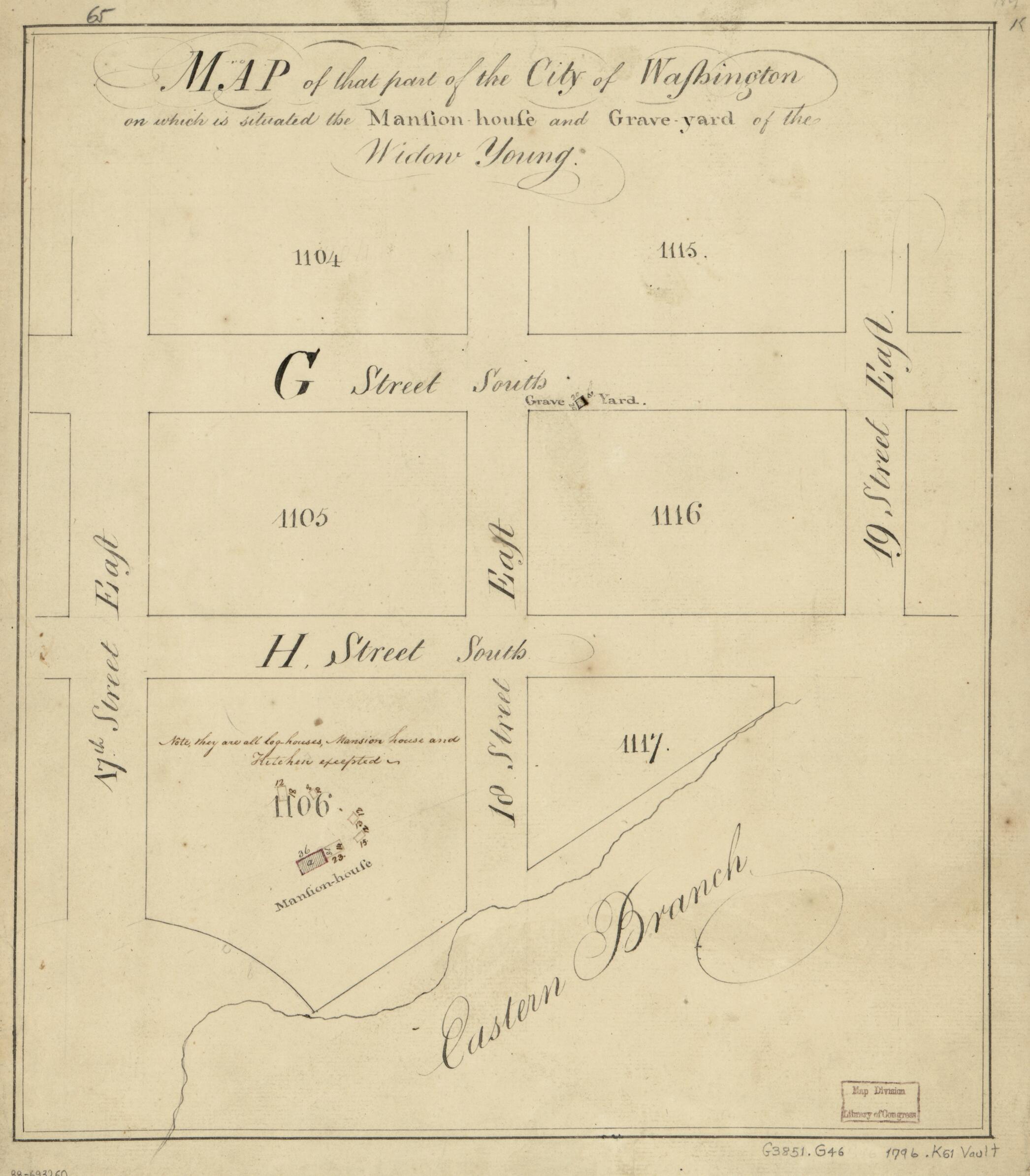 This old map of House and Grave-yard of the Widow Young from 1796 was created by N. (Nicholas) King in 1796