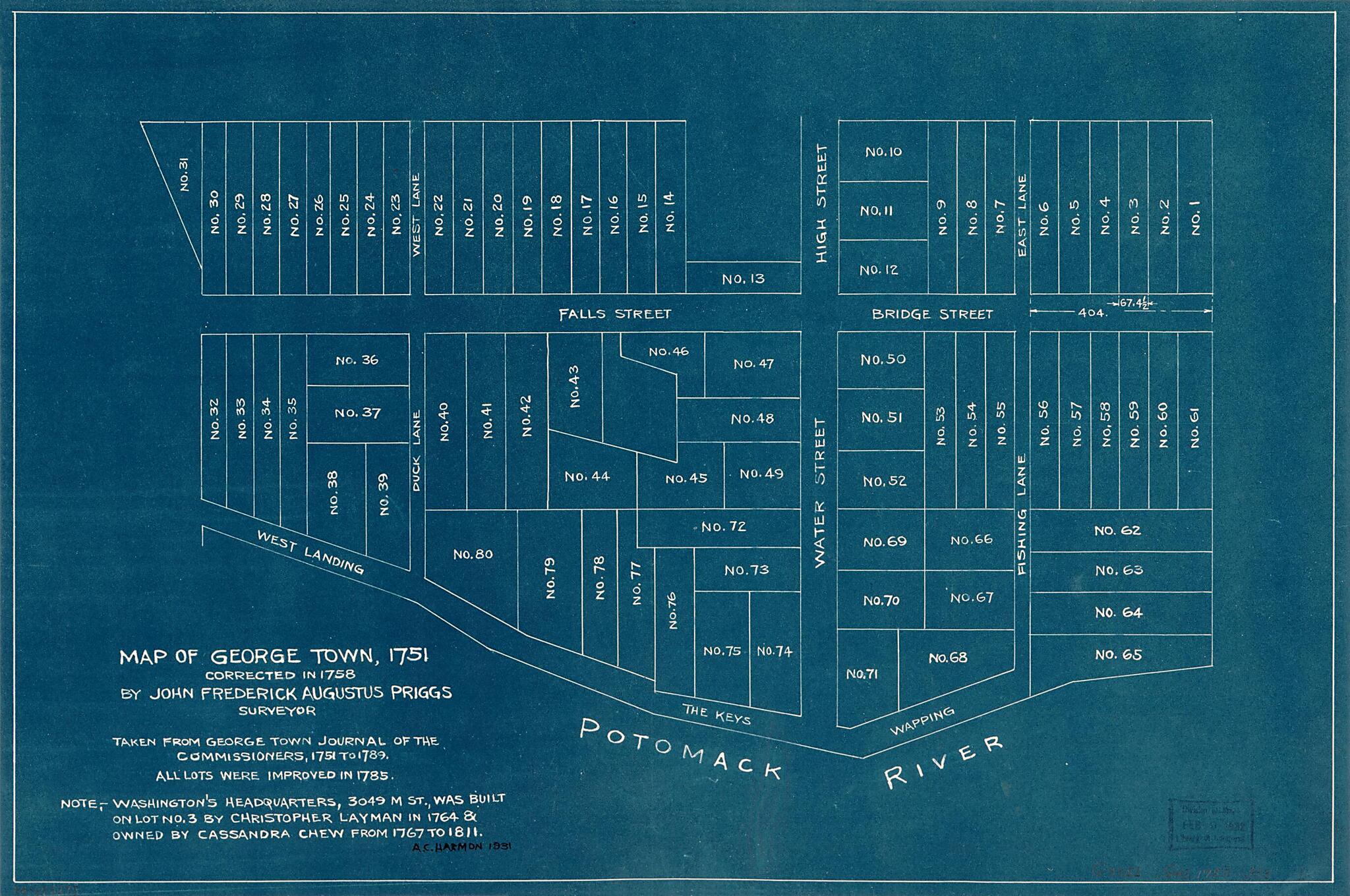 This old map of Map of George Town, 1751 from 1758 was created by A. C. (Artemas Canfield) Harmon, John F. A. Priggs in 1758