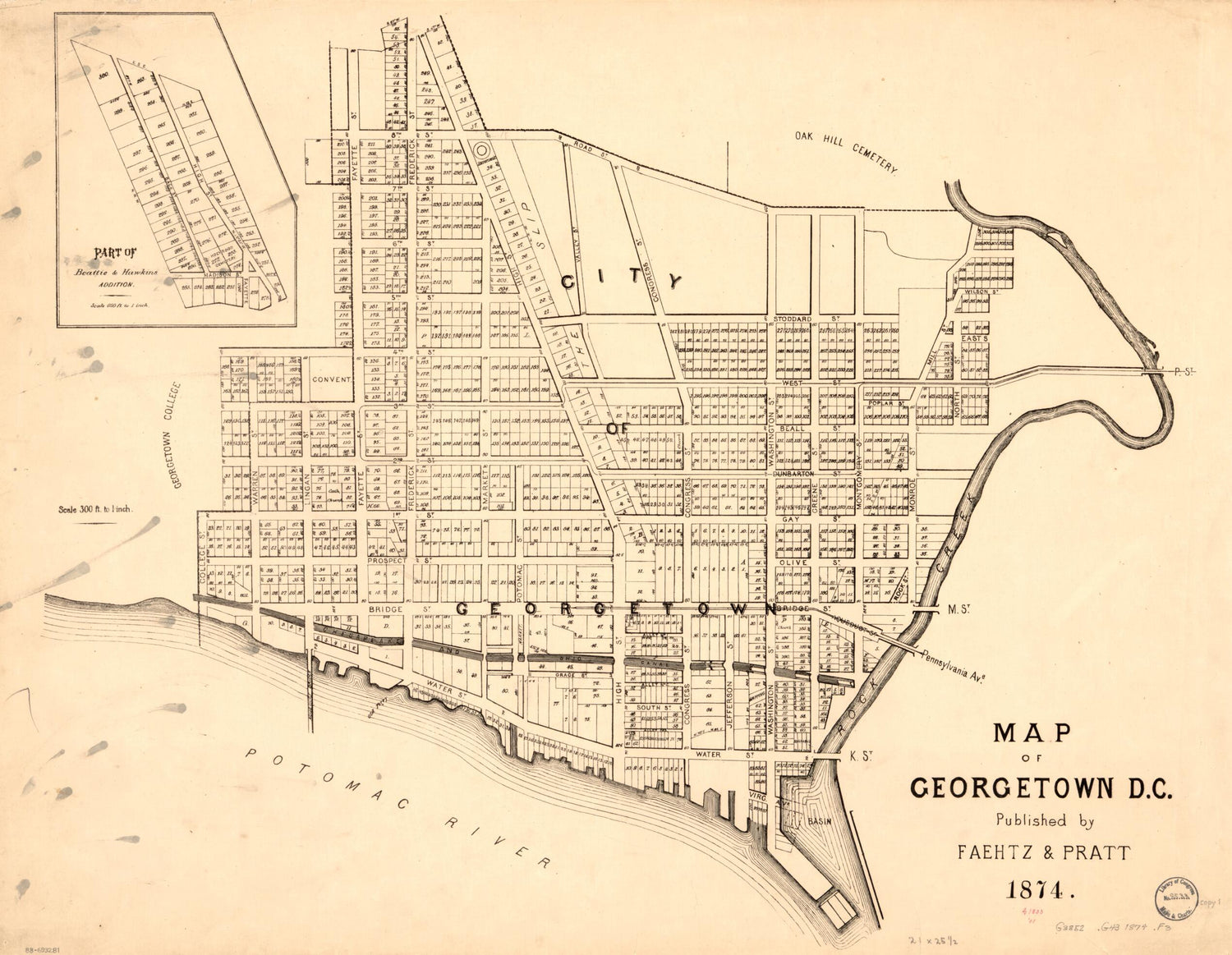 This old map of Map of Georgetown D.C from 1874 was created by  Faehtz &amp; Pratt in 1874