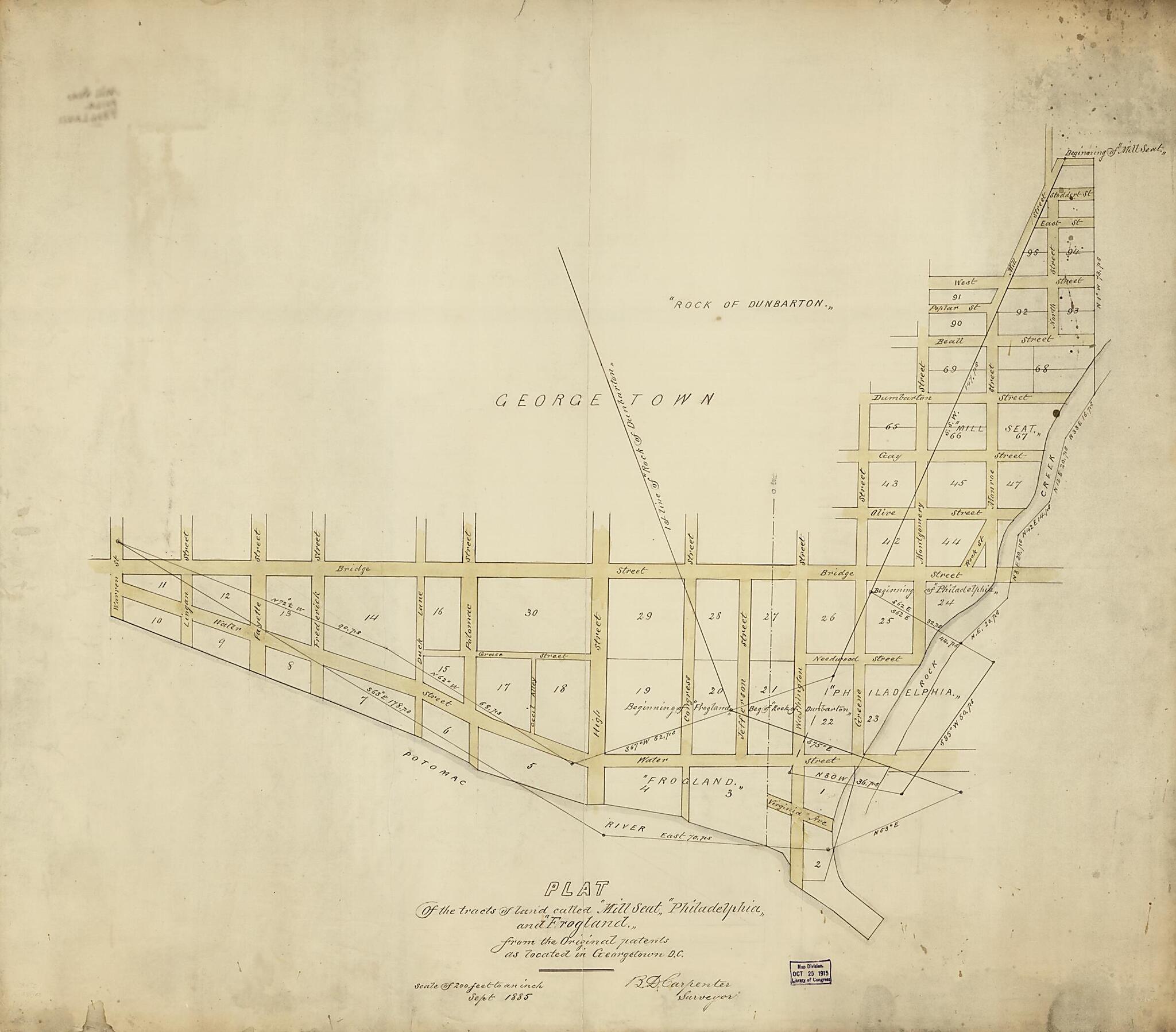 This old map of Plat of the Tracts of Land Called Mill Seat, Philadelphia, and Frogland, from the Original Patents As Located In Georgetown D.C from 1885 was created by B. D. (Benjamin D.) Carpenter in 1885