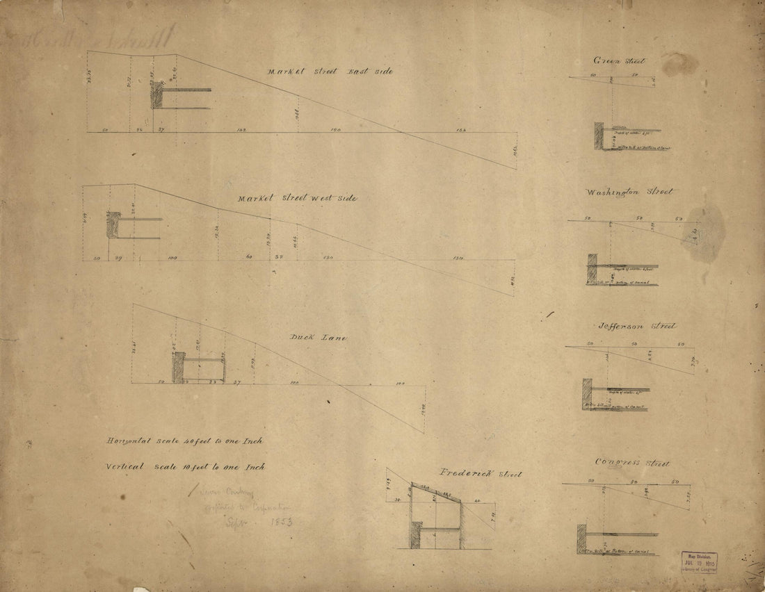 This old map of Eight Grade Profiles of Streets In Georgetown, Washington D.C. from 1853 was created by Lewis Carbery, B. D. (Benjamin D.) Carpenter,  District of Columbia. Office of the Surveyor, Hugh T. (Hugh Thomas) Taggart in 1853