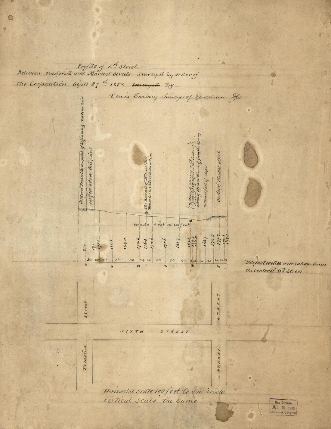 This old map of Profile of 6th Street Between Frederick and Market Streets from 1858 was created by Lewis Carbery, Hugh T. (Hugh Thomas) Taggart in 1858