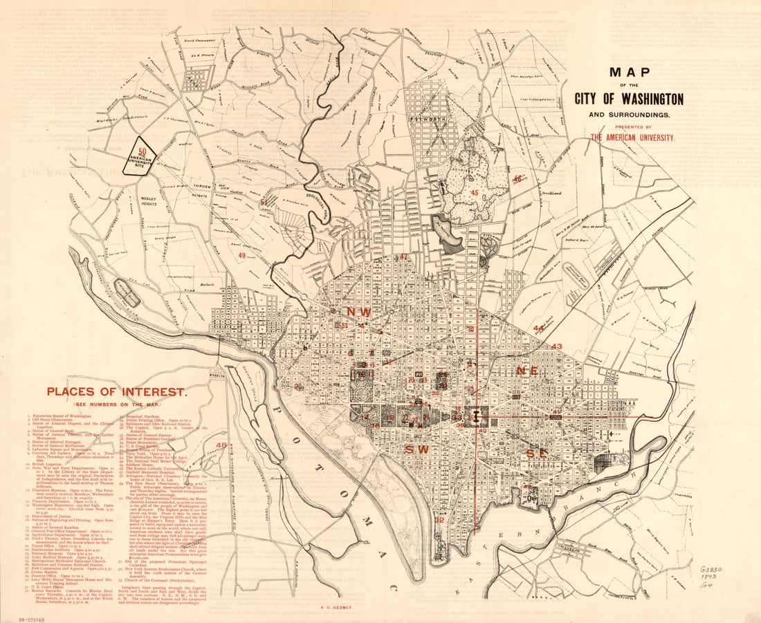 This old map of Map of the City of Washington and Surroundings from 1893 was created by D.C.) American University (Washington, A. G. Gedney in 1893