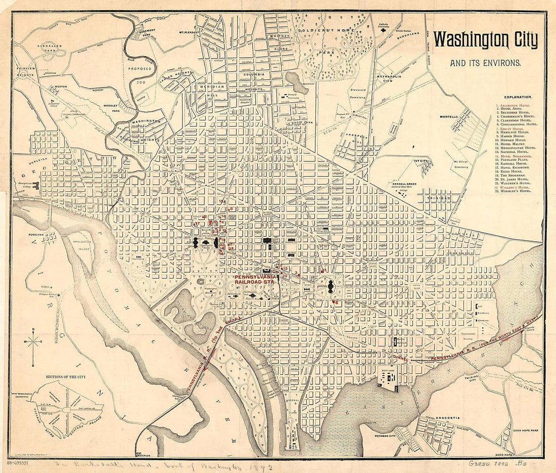 This old map of Washington City and Its Environs from 1892 was created by Lane &amp; Scott Allen, Frank N. Barksdall in 1892