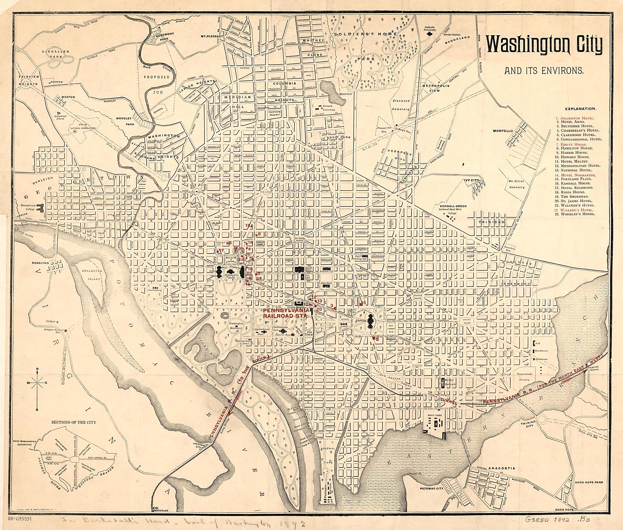 This old map of Washington City and Its Environs from 1892 was created by Lane &amp; Scott Allen, Frank N. Barksdall in 1892