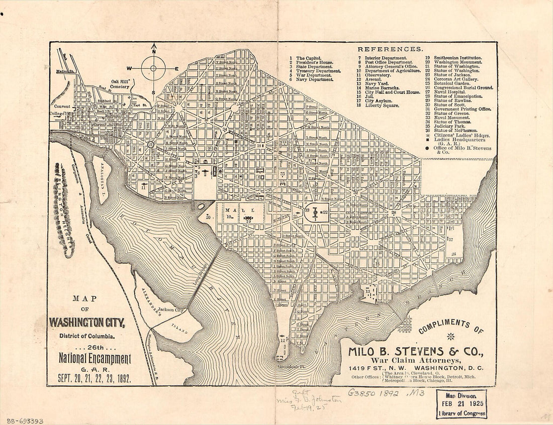 This old map of Map of Washington City, District of Columbia : 26th National Encampment, G.A.R., Sept. 20, 21, 22, 23, from 1892 was created by  Milo B. Stevens &amp; Co in 1892