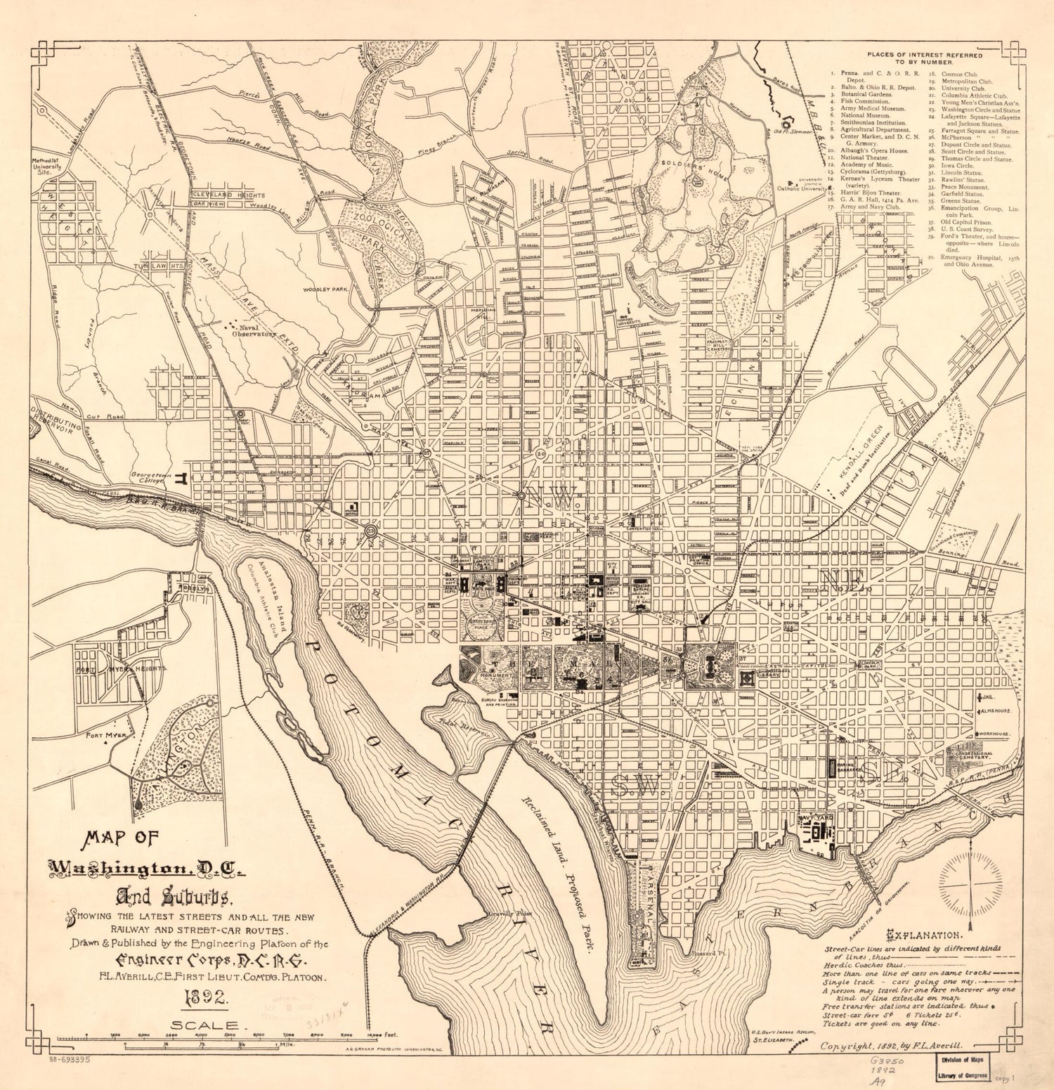 This old map of Car Routes from 1892 was created by F. L. (Frank L.) Averill,  District of Columbia National Guard. Engineering Platoon in 1892