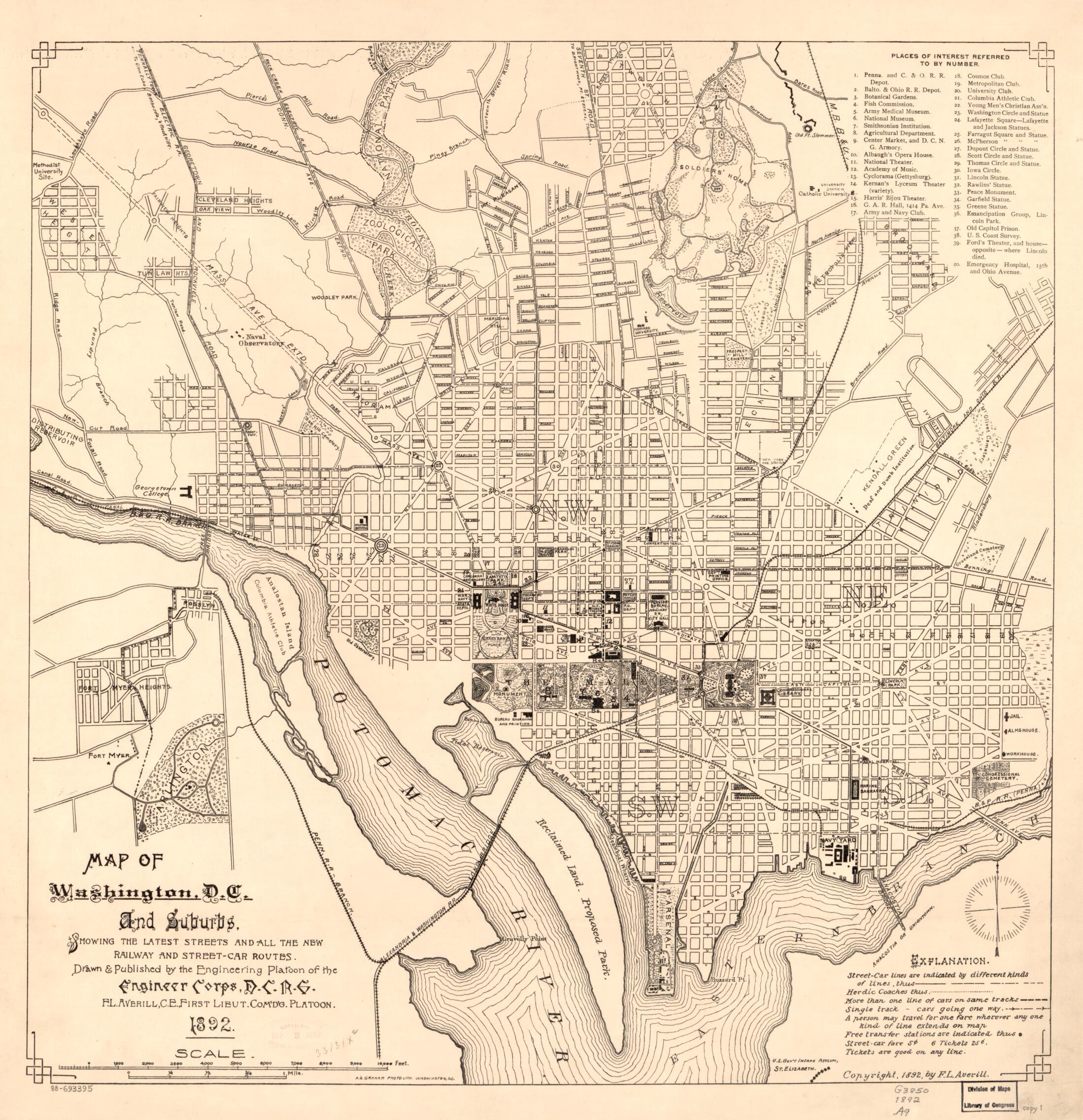 This old map of Car Routes from 1892 was created by F. L. (Frank L.) Averill,  District of Columbia National Guard. Engineering Platoon in 1892