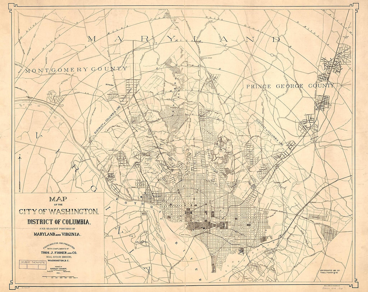 This old map of Map of the City of Washington, District of Columbia, and Adjacent Portions of Maryland and Virginia from 1891 was created by W. Kesley Schoepf,  Thos. J. Fisher and Co in 1891