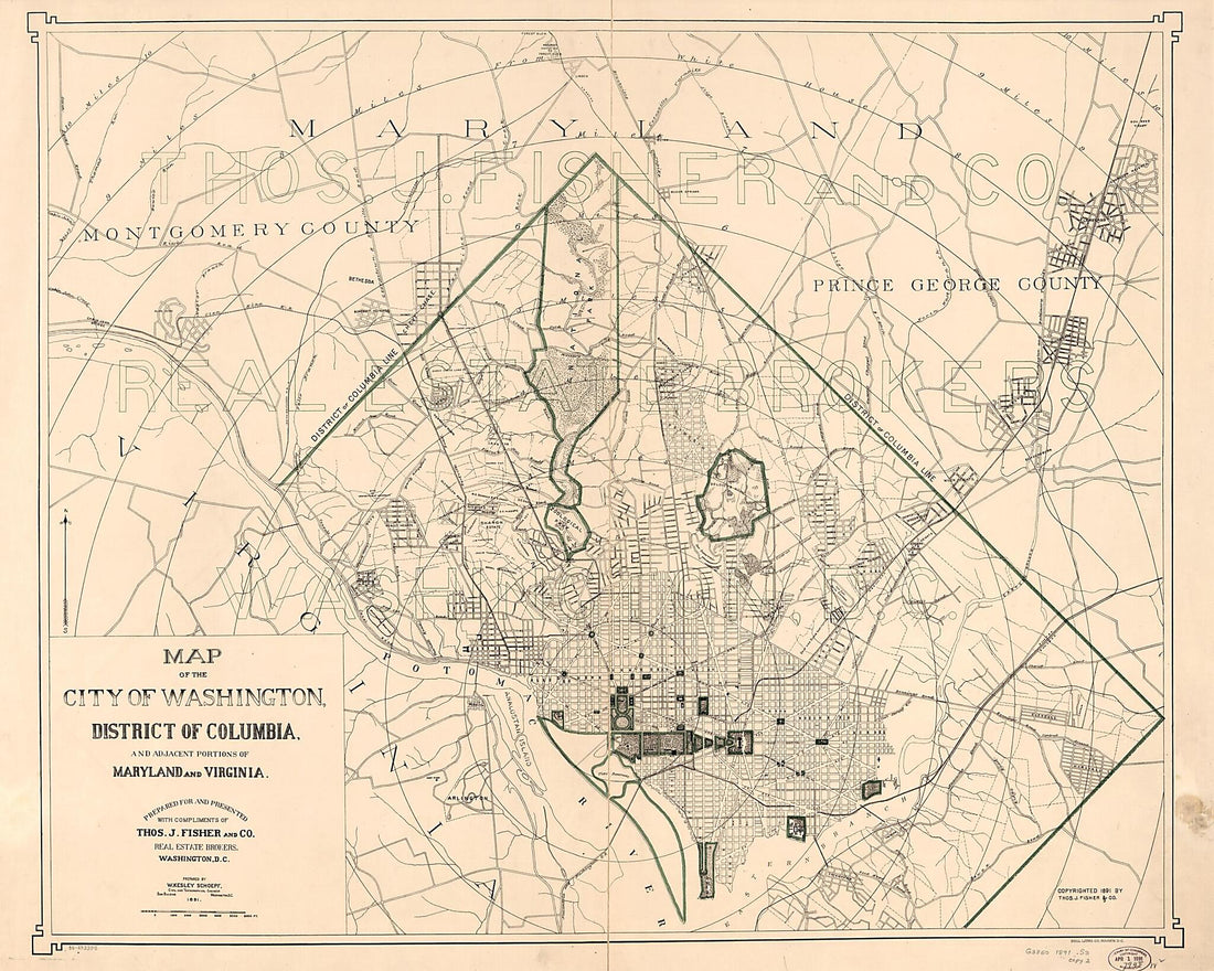 This old map of Map of the City of Washington, District of Columbia, and Adjacent Portions of Maryland and Virginia from 1891 was created by W. Kesley Schoepf,  Thos. J. Fisher and Co in 1891