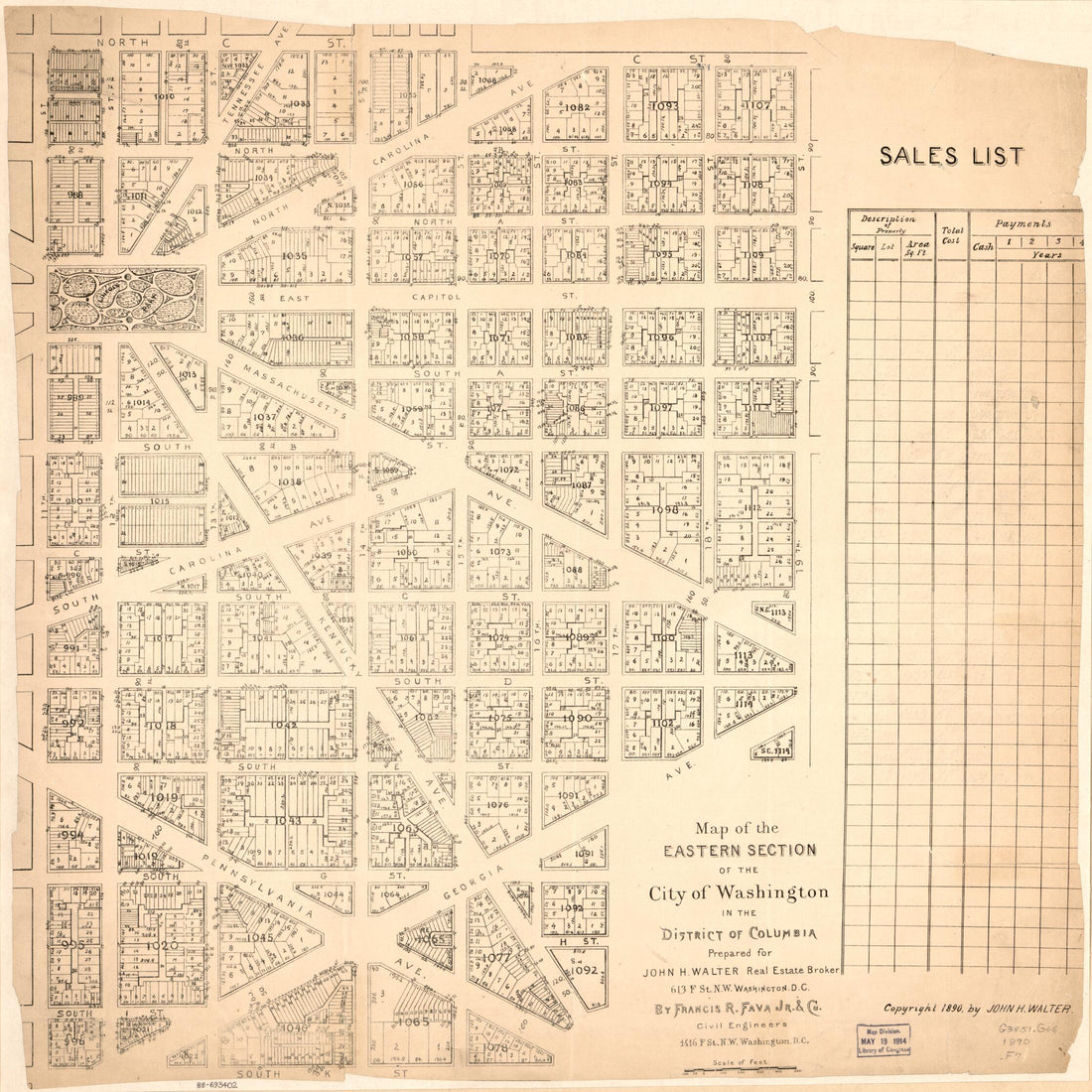 This old map of Map of the Eastern Section of the City of Washington In the District of Columbia from 1890 was created by Jr. Francis R. Fava, John H. Walter in 1890