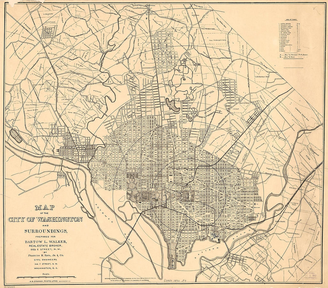 This old map of Map of the City of Washington and Surroundings from 1890 was created by Francis R. Fava, Jr. Francis R. Fava, Bartow L. Walker in 1890